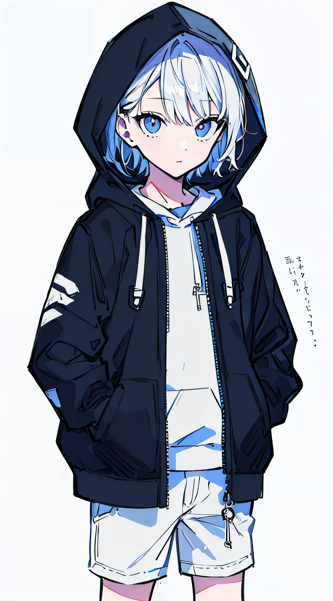 (masterpiece, highest quality:1.6), alone, thick outline, (simple background, bright white background, monochrome, bright white theme:1.2), official art, Key Visual, 8K, disorganized, whole body, (unique hair, oversized hoodie, hot pants, wearing a hood, arch back, short torso:1.2), belly button, thighs, cowboy shot, HDR, sharp focus, High resolution, most detailed, very detailed, Super detailed, finely, detailed eyes and face, sharp pupils, realistic student, solo, White contrast, solo, hands in pockets