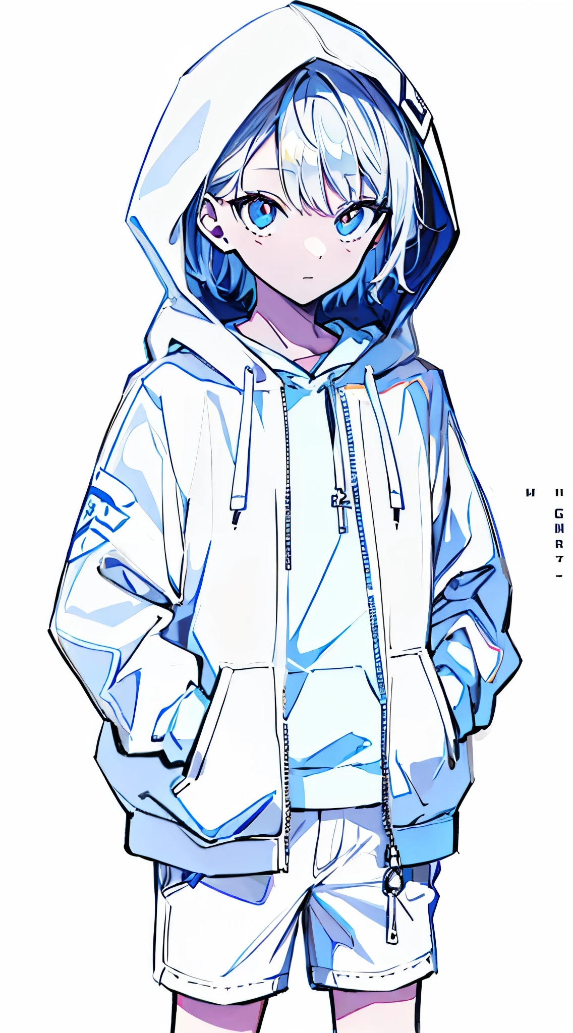 (masterpiece, highest quality:1.6), alone, thick outline, (simple background, bright white background, monochrome, bright white theme:1.2), official art, Key Visual, 8K, disorganized, whole body, (unique hair, oversized hoodie, hot pants, wearing a hood, arch back, short torso:1.2), belly button, thighs, cowboy shot, HDR, sharp focus, High resolution, most detailed, very detailed, Super detailed, finely, detailed eyes and face, sharp pupils, realistic student, solo, White contrast, solo, hands in pockets