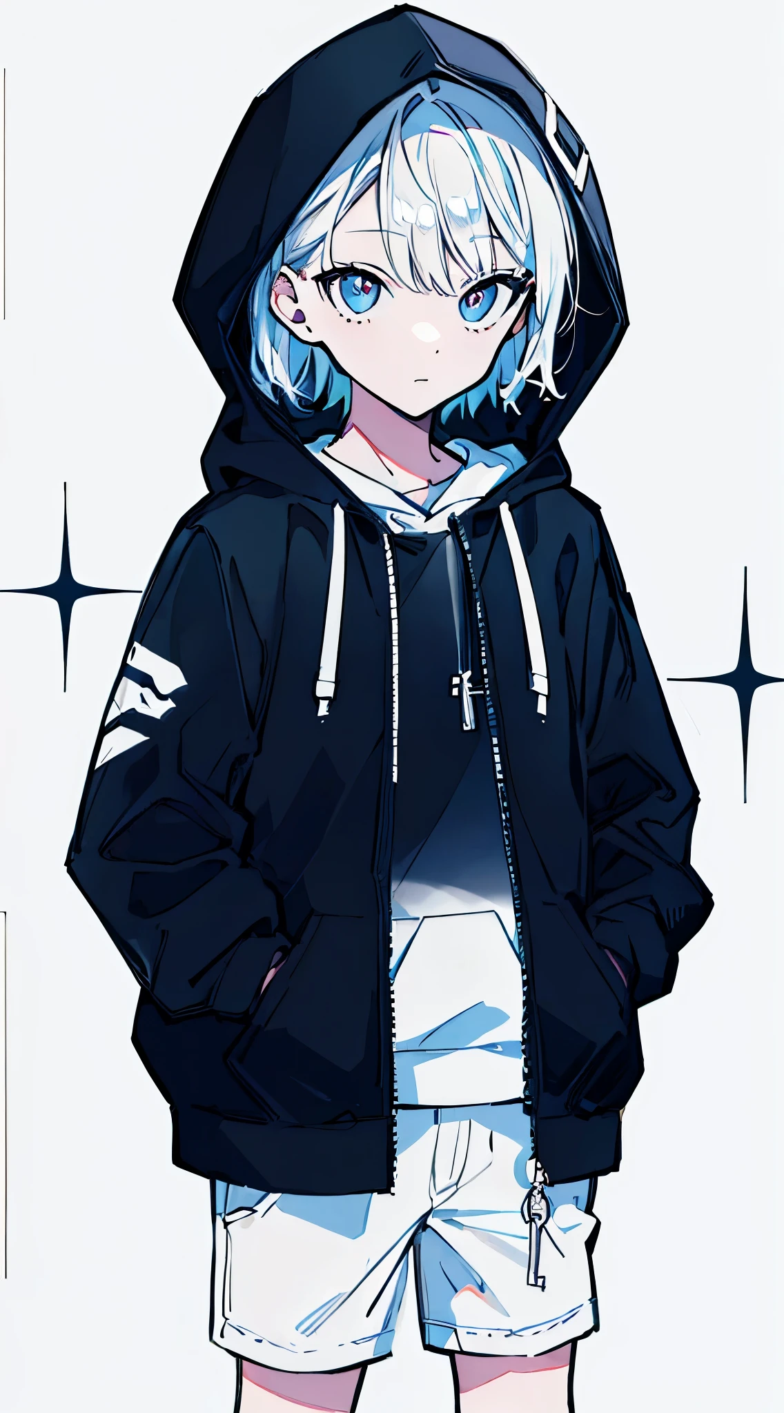 (masterpiece, highest quality:1.6), alone, thick outline, (simple background, bright white background, monochrome, bright white theme:1.2), official art, Key Visual, 8K, disorganized, whole body, (unique hair, oversized hoodie, hot pants, wearing a hood, arch back, short torso:1.2), belly button, thighs, cowboy shot, HDR, sharp focus, High resolution, most detailed, very detailed, Super detailed, finely, detailed eyes and face, sharp pupils, realistic student, solo, White contrast, solo, hands in pockets