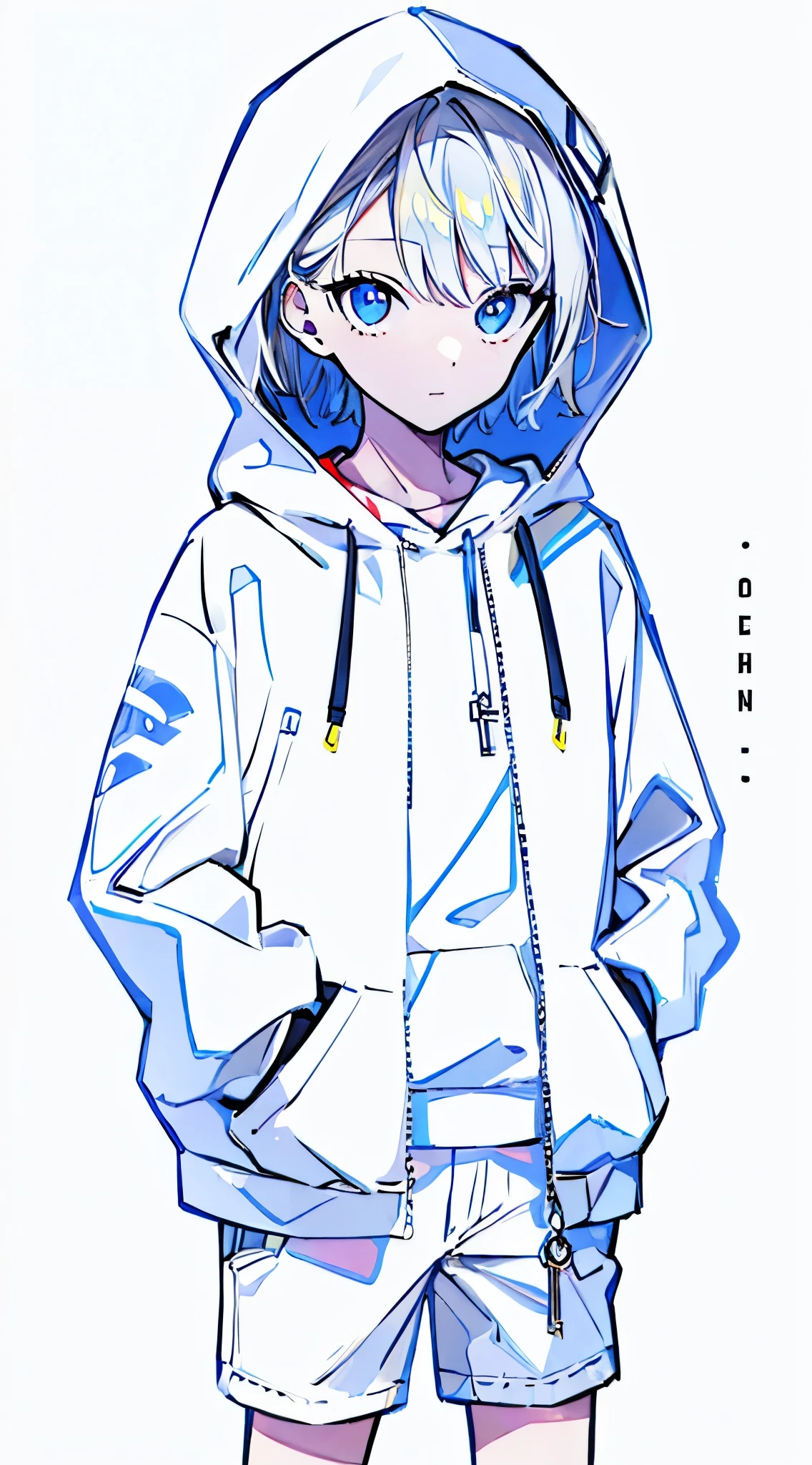 (masterpiece, highest quality:1.6), alone, thick outline, (simple background, bright white background, monochrome, bright white theme:1.2), official art, Key Visual, 8K, disorganized, whole body, (unique hair, oversized hoodie, hot pants, wearing a hood, arch back, short torso:1.2), belly button, thighs, cowboy shot, HDR, sharp focus, High resolution, most detailed, very detailed, Super detailed, finely, detailed eyes and face, sharp pupils, realistic student, solo, White contrast, solo, hands in pockets