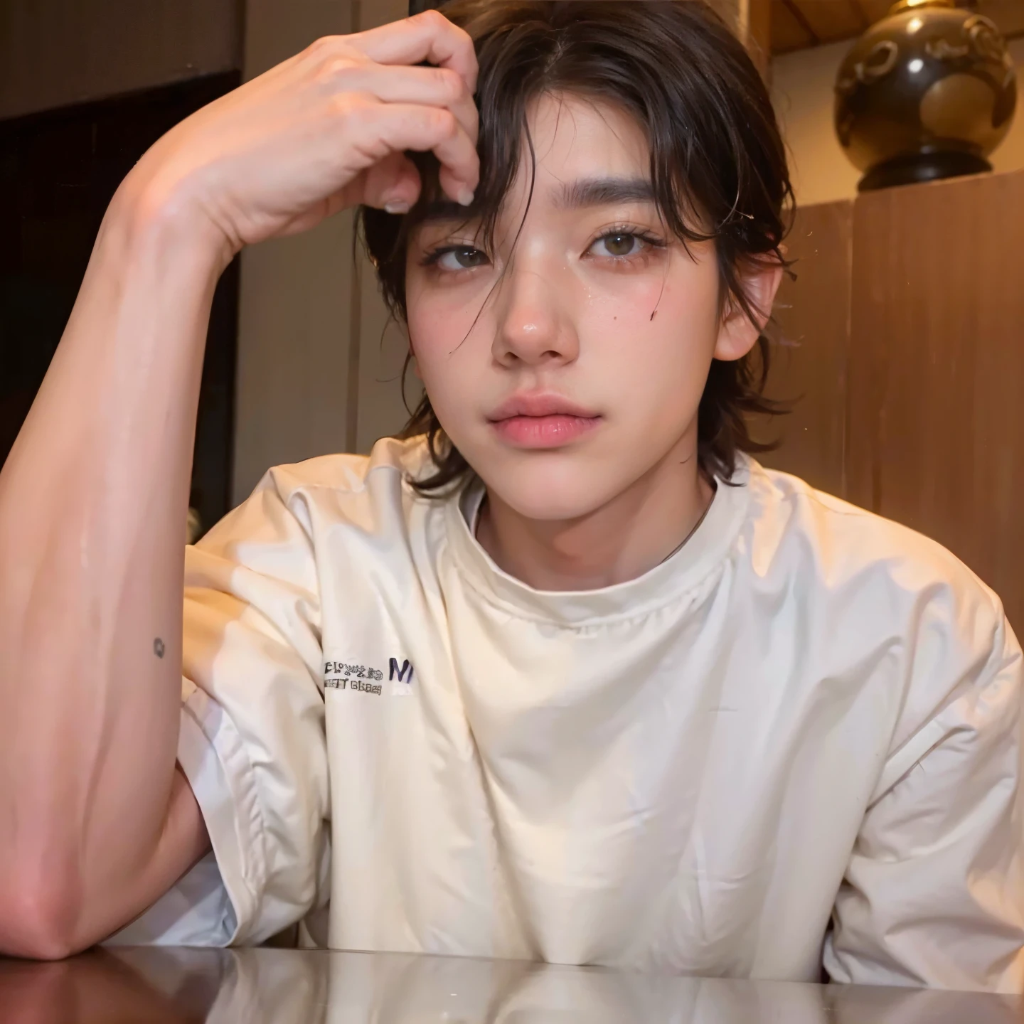 hay un hombre sentado en una mesa con un cepillo de pelo en la mano, jungkook, xqc, taehyung comiendo papas fritas gucci, your palms are sweaty, pale korean adorable face, cai xukun, lv, brillante por la lluvia, he is about 30 years old, he is about 3 0 years old, giga chad llorando, hyung tae, TaeJune Kim