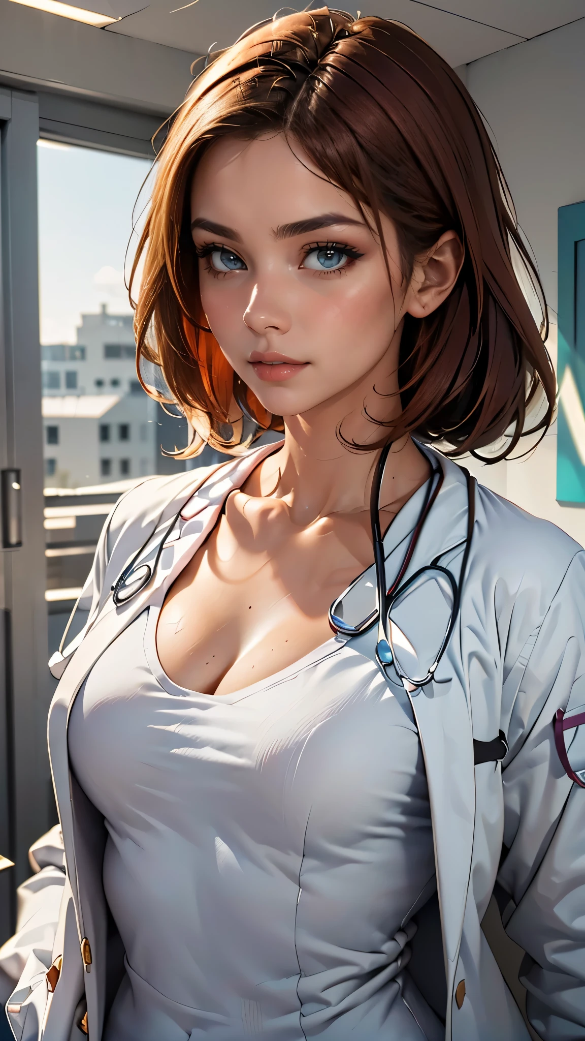 (((HD photo))), ultra high res.photorealistic:. 1.4, UHD, masterpiece, trending on artstation, portrait, upper body shot, 1girl, pretty, cute face, most beautiful in the world, cleavage, soft, delicate, (medium red hair), athletic figure, (wearing white doctor uniform:1.8), tank top, holding stethoscope:1.4, medical fetish, examination, sunkissed, hospital ward background, sfw