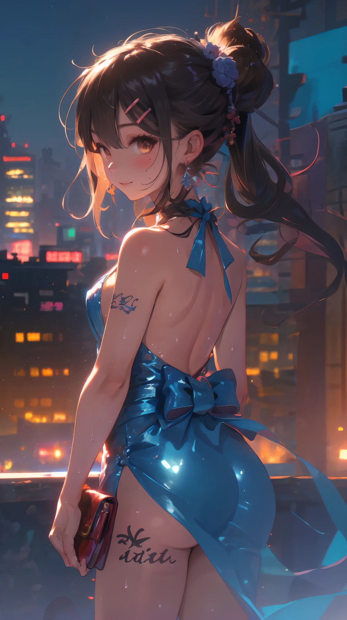 (from behind,back focus:1.4),Dragon and girl,1girl,(Miyu Edelfelt),,cameltoe,black hair,brown eyes,seductive smile,solo,big ass,tail,colored skin,tatto on back, jewelry, dress,bare thigh,necklace, bangs, hair ornament, bare shoulders, side ponytail, halterneck, plunging neckline, sidelocks, halter dress, backless outfit, silver dress, nail polish, backless dress, solo, closed mouth, blush, bag, revealing clothes, earrings, hairclip, handbag, sweat, see-through, evening gown, thighs, blue nails, flat_chest, official alternate costume, covered nipples, hair between eyes,, best quality, amazing quality, very aesthetic, absurdres,