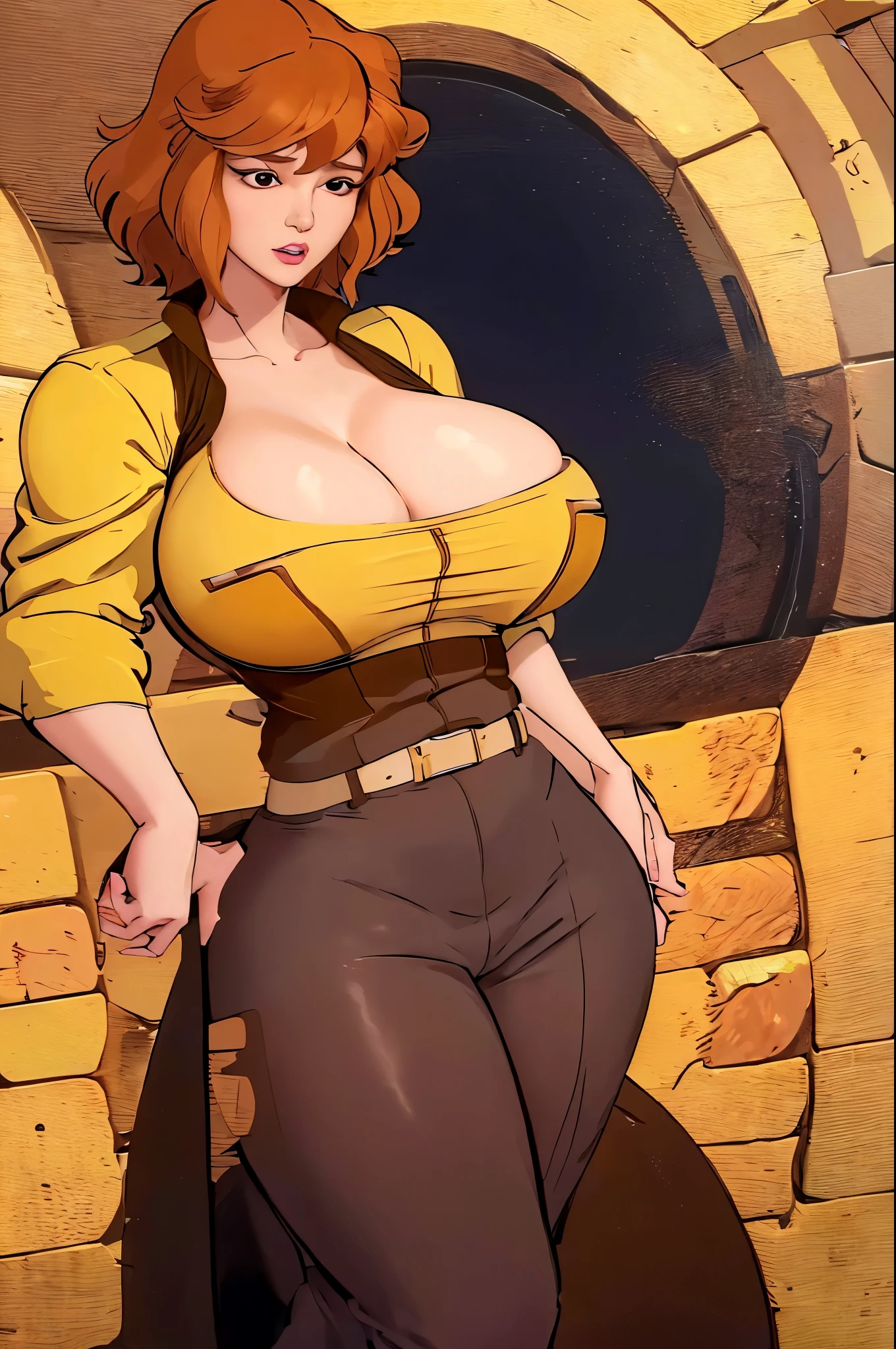 April O'Neil, 1 girl, with (((( huge fake breasts:4.4 )))) short brown hair, black eyes, upper body, yellow jumpsuit, rolled up sleeves, white belt, image with great deficision, no deformities , well structured body.