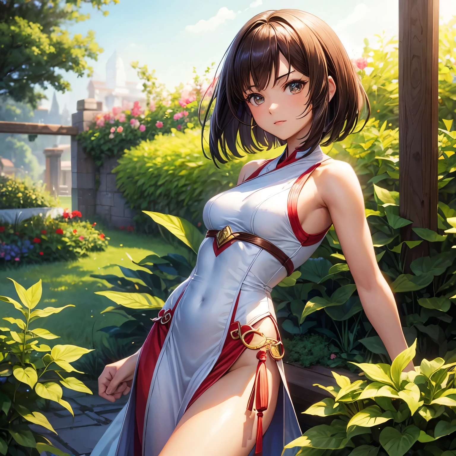 Garden background there is 1 slim brunette girl with short hair brown almond eyes dressed as Mai from the king of fighters 