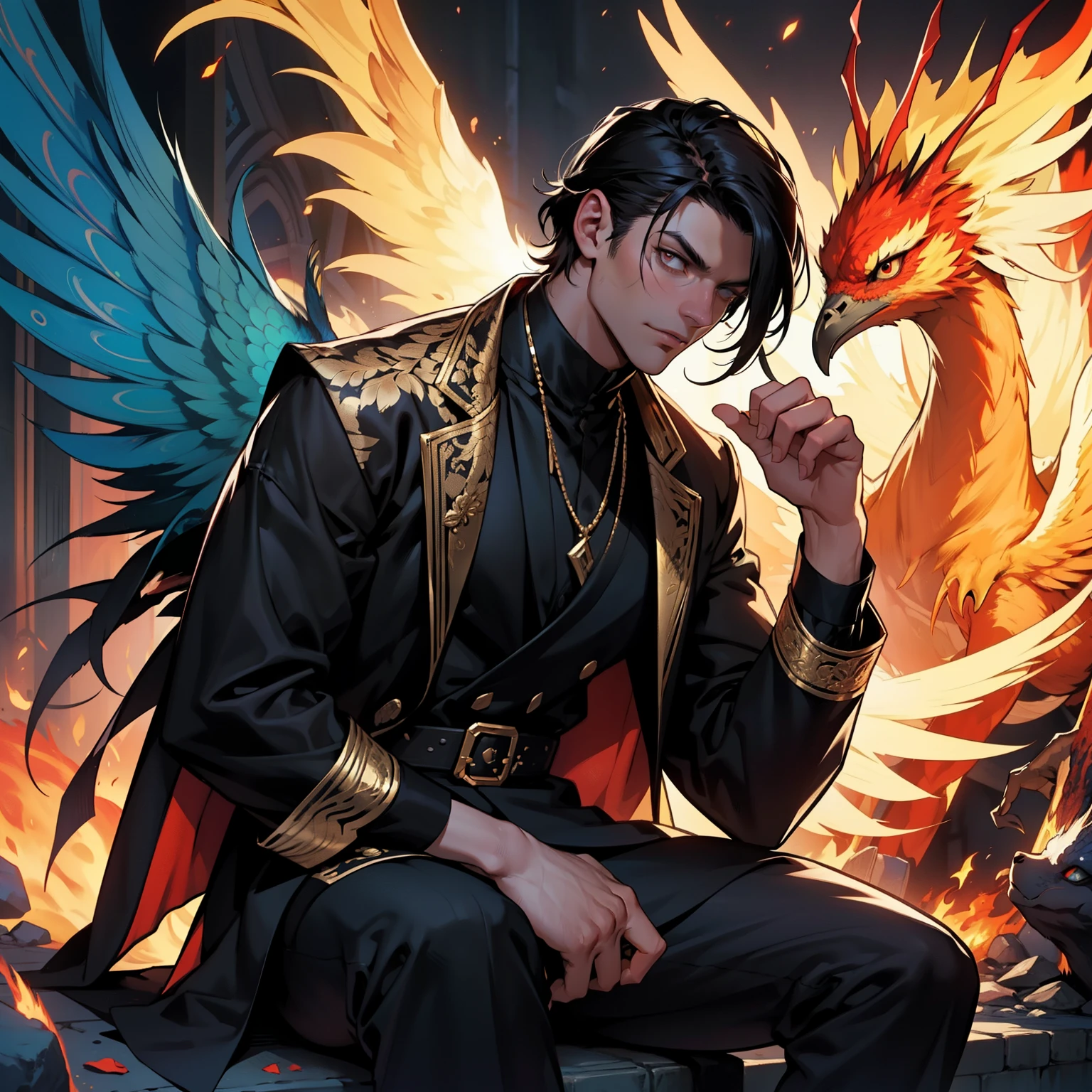 Perfect face, 30y male zombie, black hair, souls:0.1, lignhening:0.2, one-eyed, sitting next a single red peacock like bird Phoenix blazing in fire , contemplation, dark tones, two-dimensional, comics, masterpiece rich details, perfect man's 2 hands:1.1