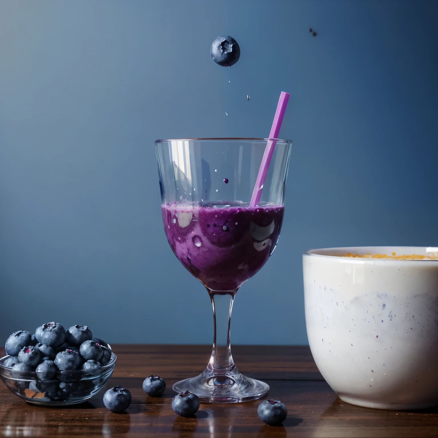 there is a glass of blueberry smoothie next to a bowl of blueberries, blueberries on the side, by John Luke, by Juan O'Gorman, vivid and balanced, blueberry, healthy, focus on full - body, by Carey Morris, mixed art, by Dan Luvisi, by Wayne England, vanilla smoothie explosion, wearing a blue berries, by Dan Scott, blender