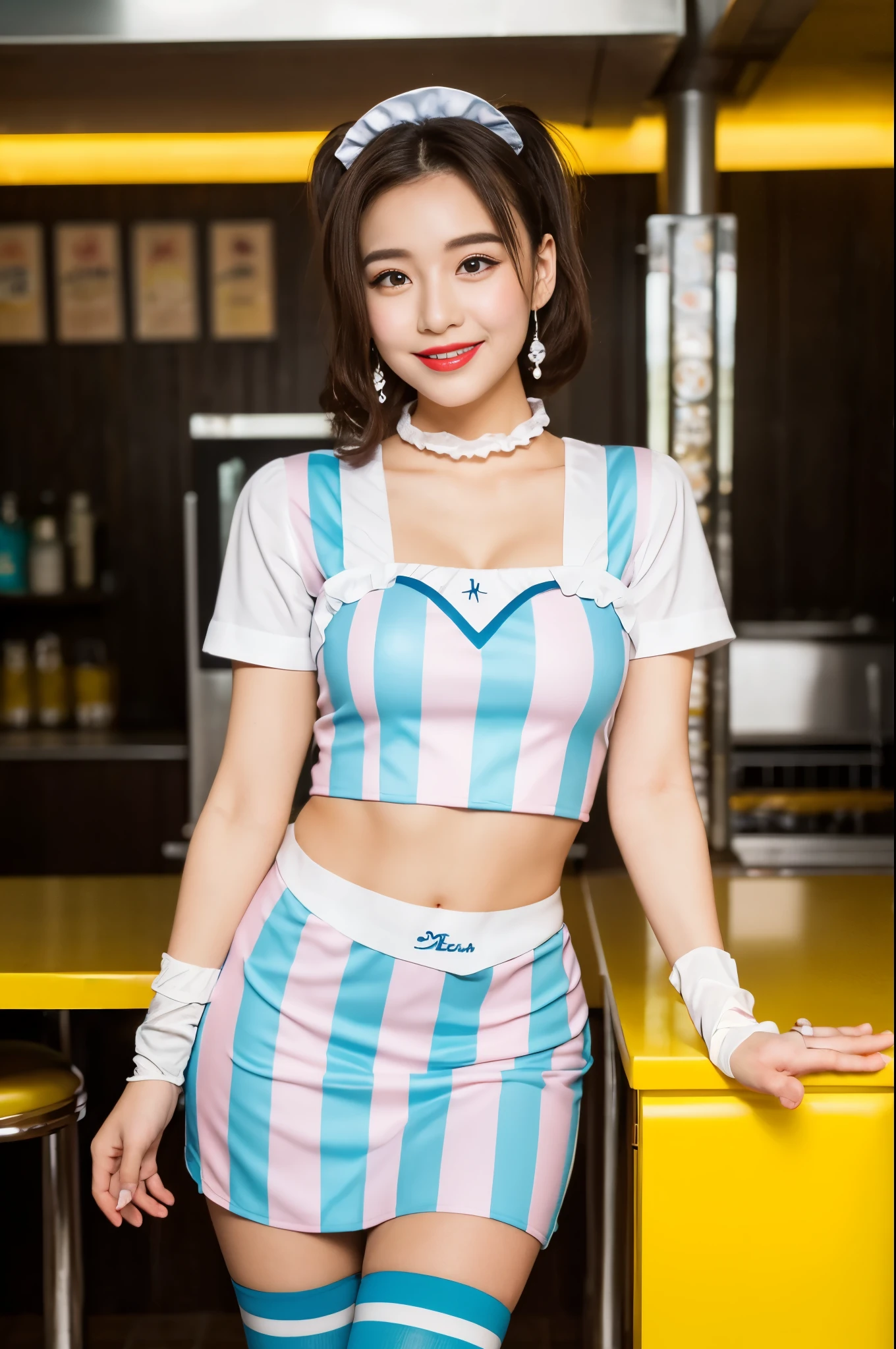 (((fifties style striped pattern waitress costume))),(((idol pose))),(((bare inner thigh)))),(((pastel colored socks pumps))),ulzzang-6500-v1.1, (Raw photo:1.2), (Photo realistic:1.4), a beautiful detailed girl, extremely detailed eye and face, beautiful detailed eyes, ultra-detailed, High resolution, top-quality, masterpiece, highly detailed, 8k wallpaper, Wonderful, finely detail, top-quality, (retro pop diner), Beautiful eyes, smile, Opening Mouth