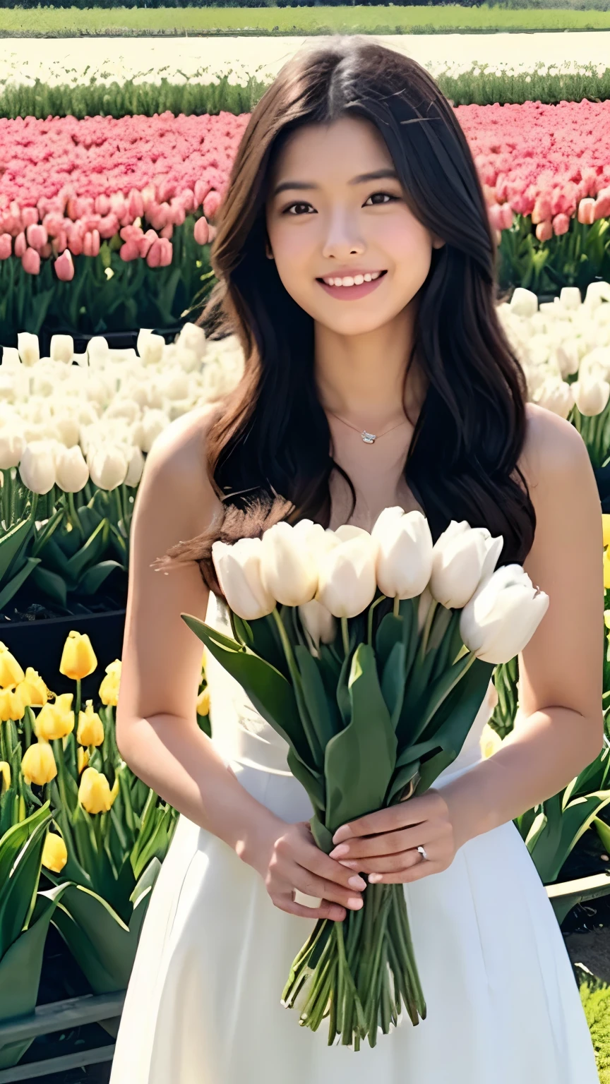 an asian girl is wearing beautiful long-armed white dress and holding a bunch of tulips. She is standing in front of tulips fields in netherlands.