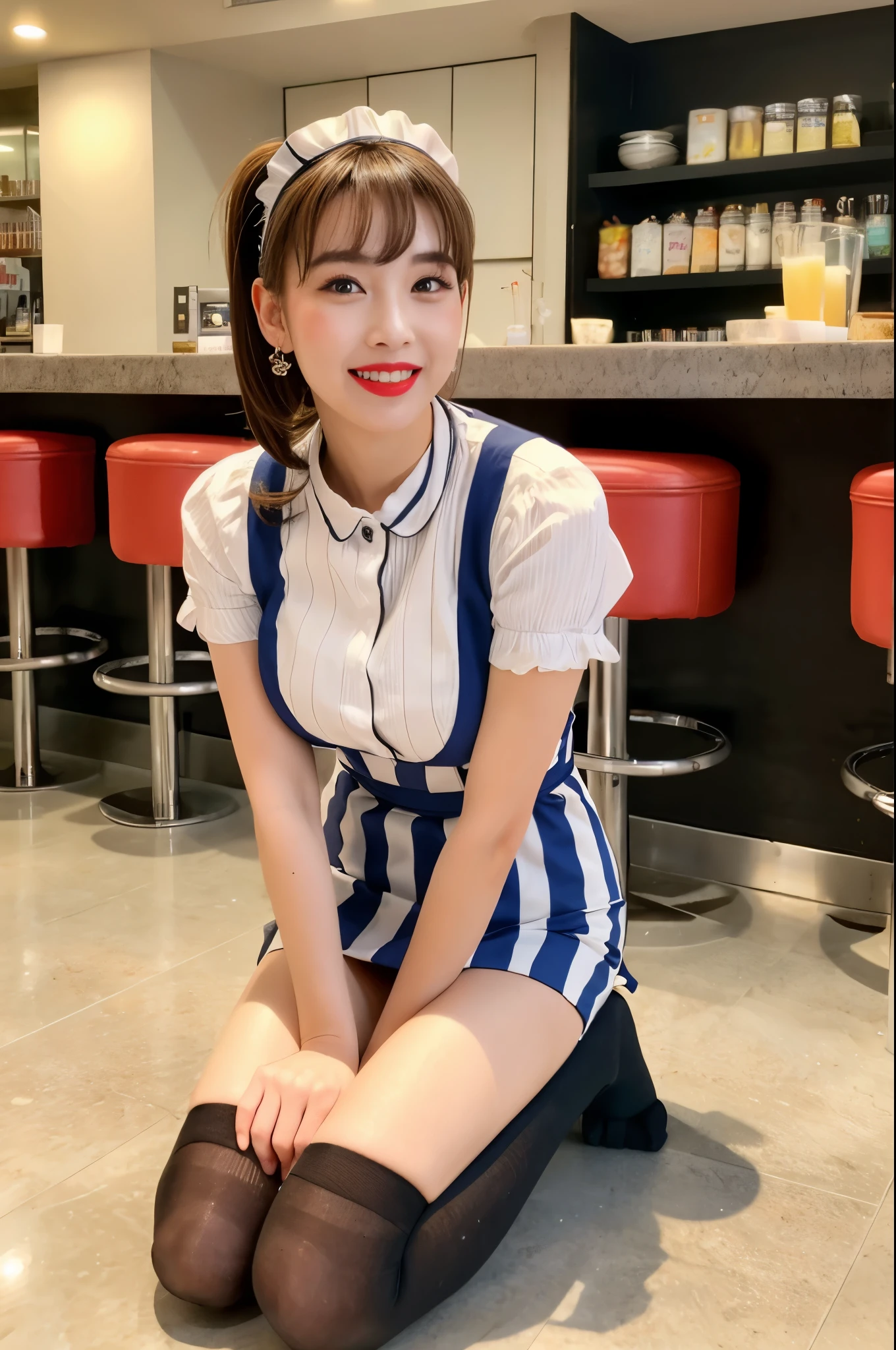 (((fifties style striped pattern waitress costume))),(((idol pose))),(((bare inner thigh)))),(((pastel colored socks pumps))),ulzzang-6500-v1.1, (Raw photo:1.2), (Photo realistic:1.4), a beautiful detailed girl, extremely detailed eye and face, beautiful detailed eyes, ultra-detailed, High resolution, top-quality, masterpiece, highly detailed, 8k wallpaper, Wonderful, finely detail, top-quality, (retro pop diner), Beautiful eyes, smile, Opening Mouth