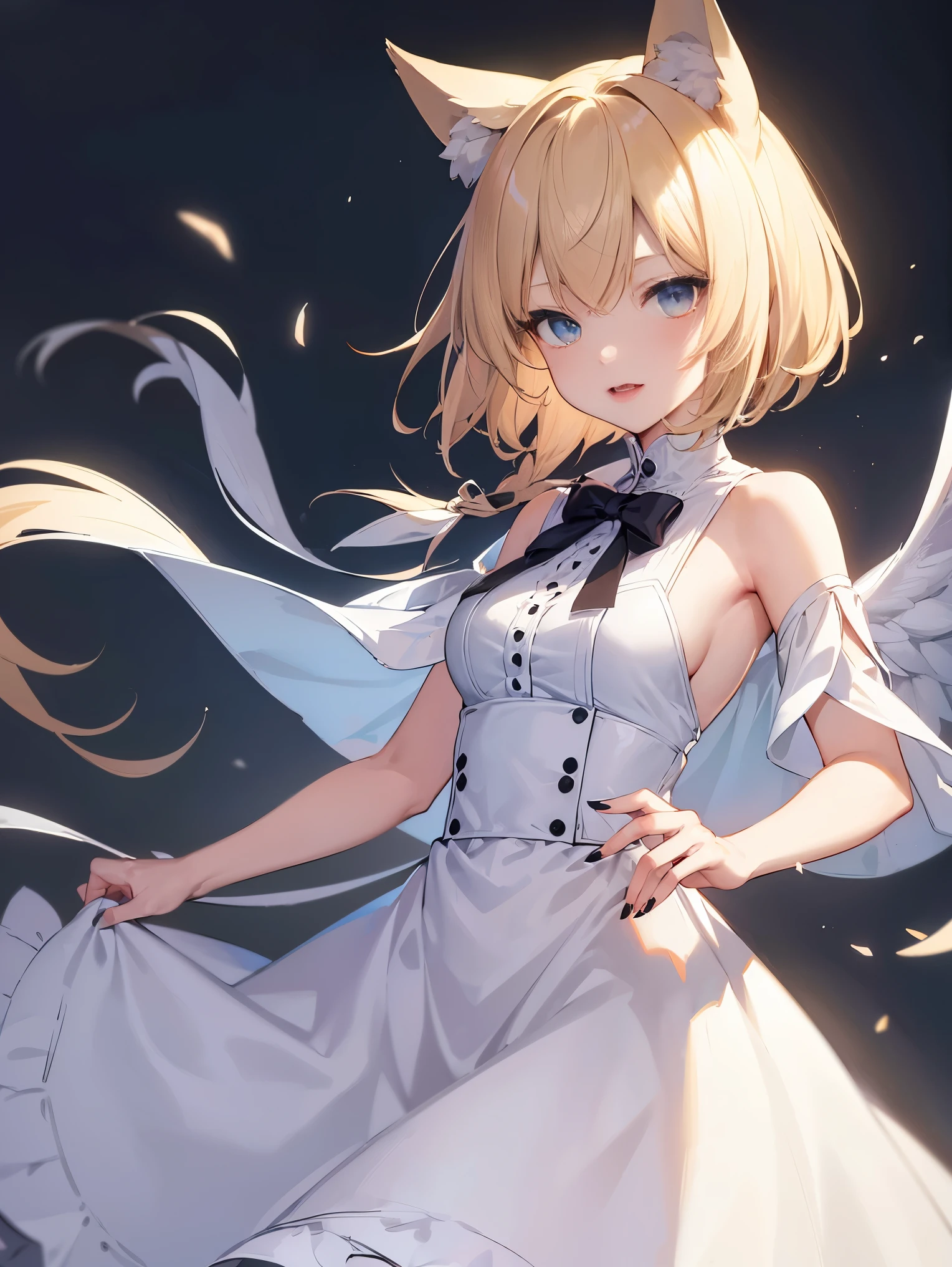 masterpiece, best quality, ultra-detailed, beautiful, 1girl, solo, wolf girl, wolf ears, wolf tail, blonde hair, short hair, fangs, blue eyes, white vintage dress, sharp fingernails, black nails, standing, shoot from front, simple background, looking at viewer, (moe artstyle:1.2), (scribble lineart1.2), (messy lineart:1.2), (sketch:1.3),