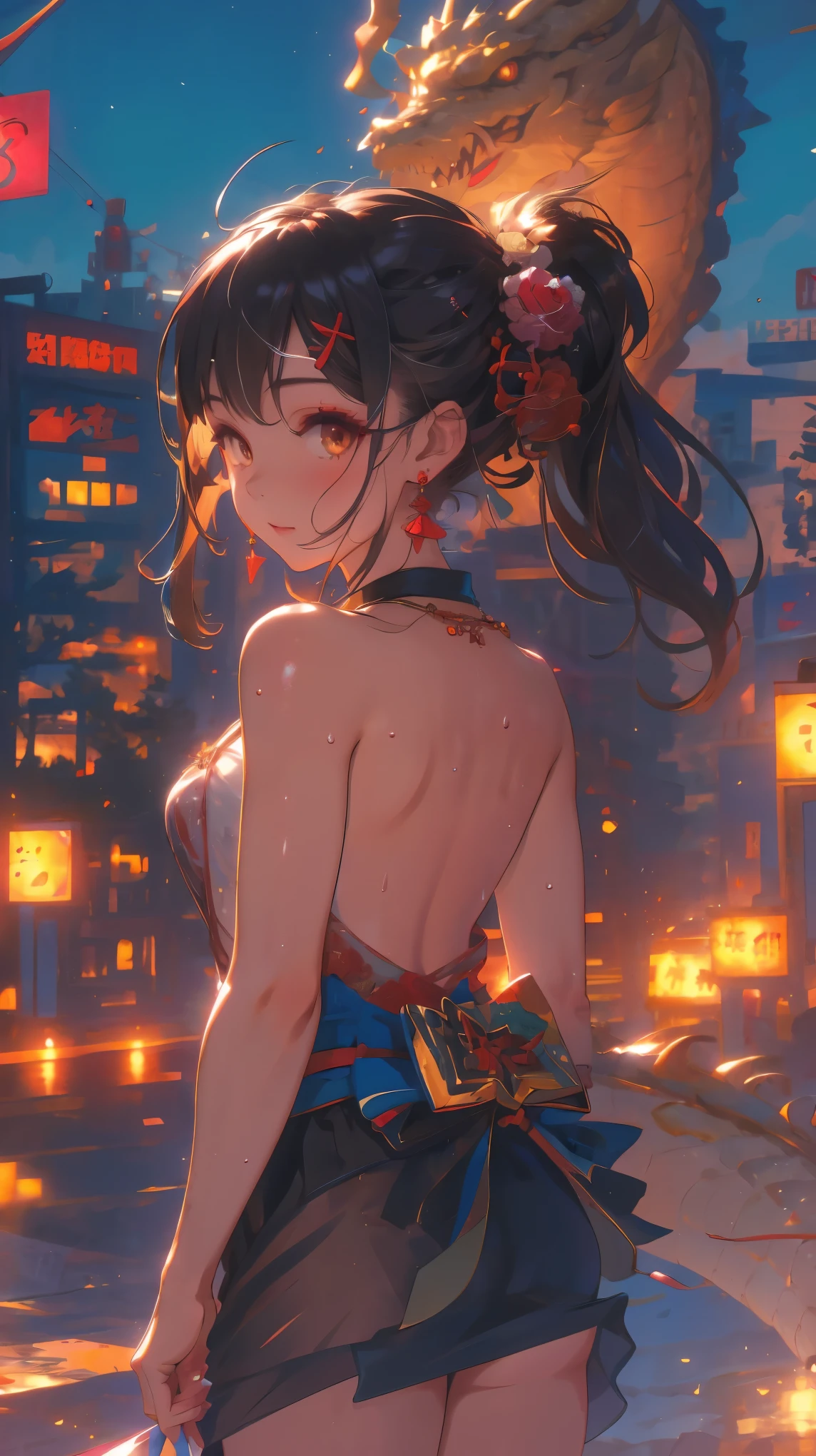 (from behind,back focus:1.4),Dragon and girl,1girl,(Miyu Edelfelt),loli,cameltoe,black hair,brown eyes,seductive smile,solo,big ass,tail,colored skin, jewelry, dress,bare thigh,necklace, bangs, hair ornament, bare shoulders, side ponytail, halterneck, plunging neckline, sidelocks, halter dress, backless outfit, silver dress, nail polish, backless dress, solo, closed mouth, blush, bag, revealing clothes, earrings, hairclip, handbag, sweat, see-through, evening gown, thighs, blue nails, flat_chest, official alternate costume, covered nipples, hair between eyes,, best quality, amazing quality, very aesthetic, absurdres,