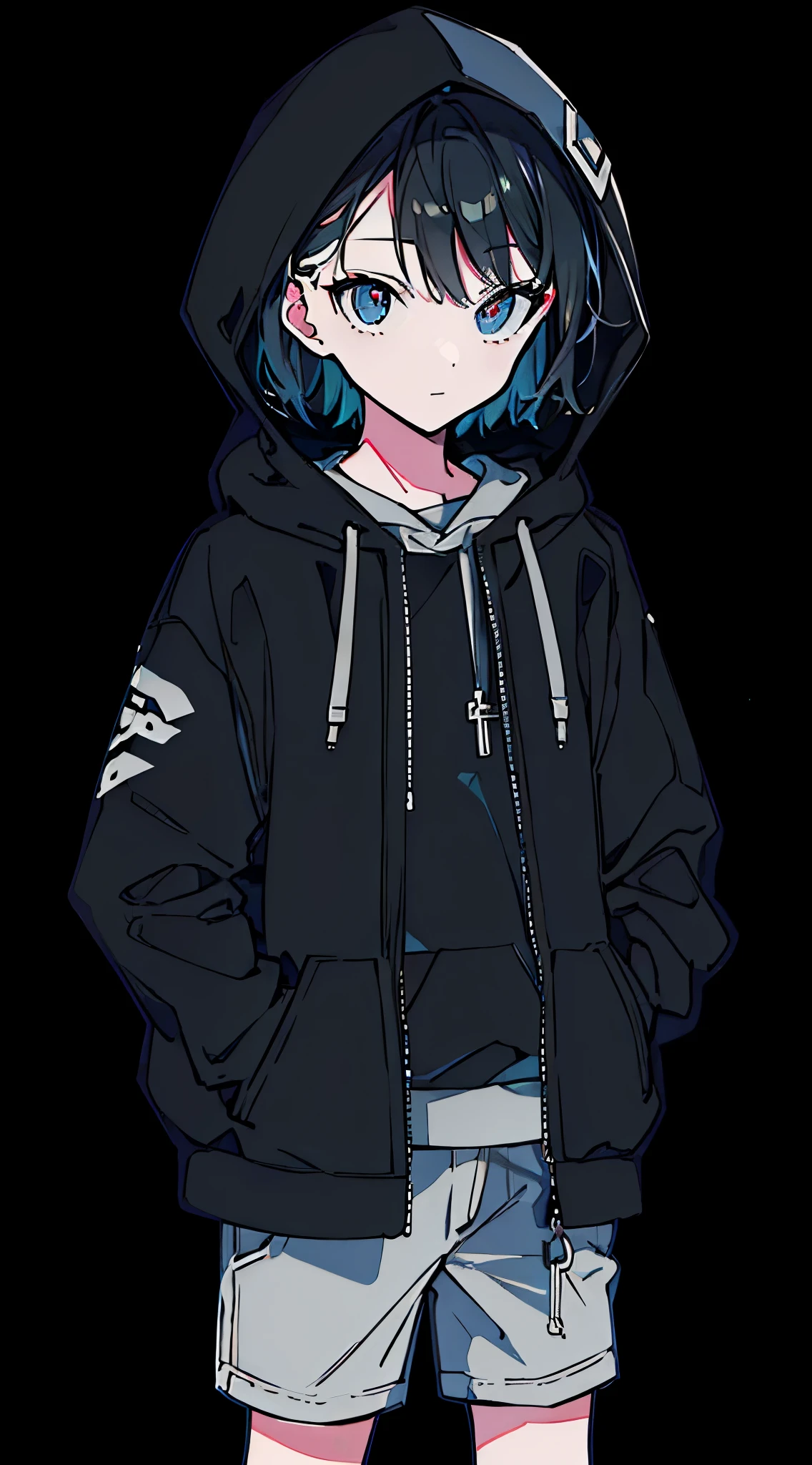 (masterpiece, highest quality:1.6), alone, thick outline, (simple background, light black background, monochrome, light black theme:1.2), official art, Key Visual, 8K, disorganized, whole body, (unique hair, oversized hoodie, hot pants, wearing a hood, arch back, short torso:1.2), belly button, thighs, cowboy shot, HDR, sharp focus, High resolution, most detailed, very detailed, Super detailed, finely, detailed eyes and face, sharp pupils, realistic student, solo, black contrast, solo, hands in pockets