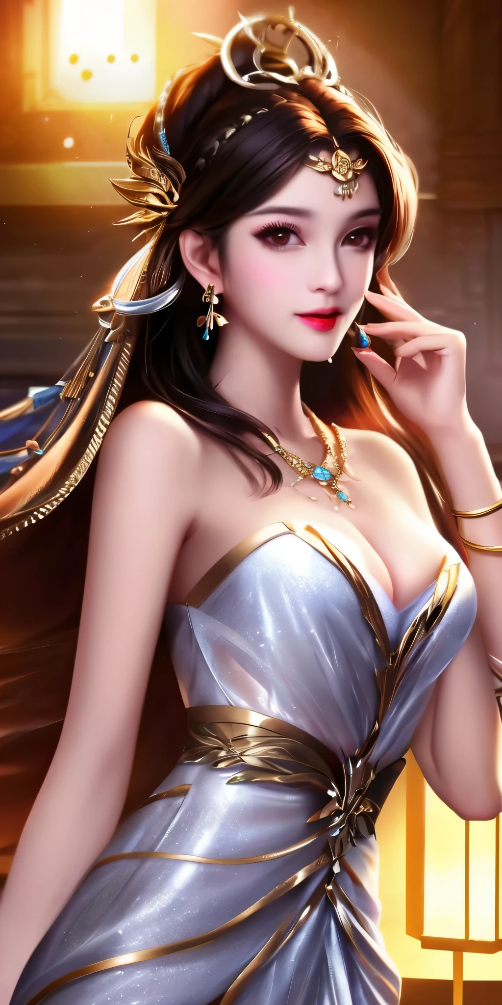 best quality, masterpiece, highres, 1girl, transparent silk china dress, beautiful face, hair ornament, looking at viewer, smile, closed mouth,lips, dress,hair ornament, necklace, jewelry, long hair, earrings, Beautiful face,upon_body, tyndall effect,photorealistic, dark studio, rim lighting, two tone lighting,(high detailed skin:1.2), 8k uhd, dslr, soft lighting, high quality, volumetric lighting, candid, Photograph, high resolution, 4k, 8k, Bokeh