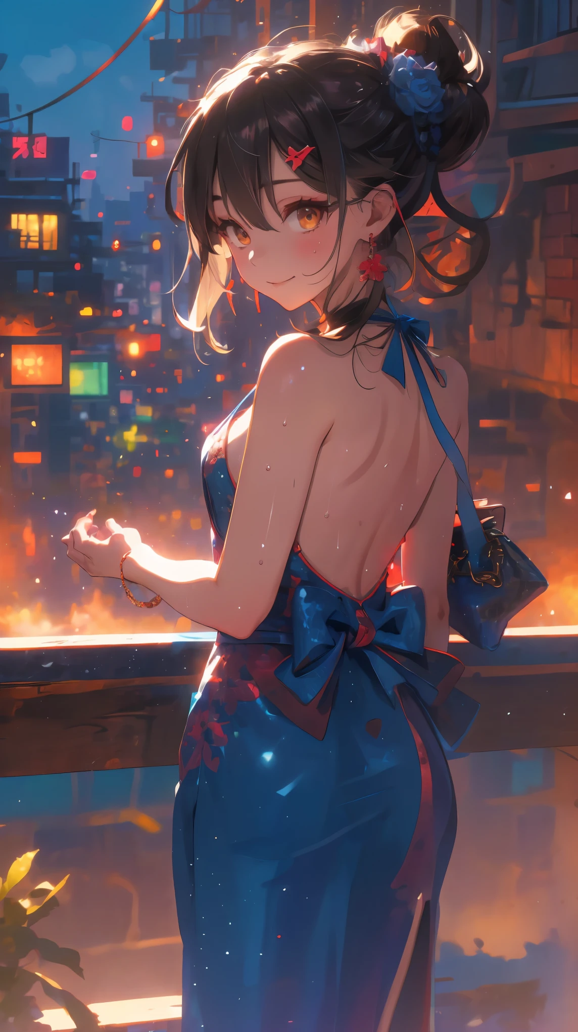 (from behind,back focus:1.4),Dragon and girl,1girl,(Miyu Edelfelt),loli,cameltoe,black hair,brown eyes,seductive smile,solo,big ass,tail,colored skin, jewelry, dress,bare thigh,necklace, bangs, hair ornament, bare shoulders, side ponytail, halterneck, plunging neckline, sidelocks, halter dress, backless outfit, silver dress, nail polish, backless dress, solo, closed mouth, blush, bag, revealing clothes, earrings, hairclip, handbag, sweat, see-through, evening gown, thighs, blue nails, flat_chest, official alternate costume, covered nipples, hair between eyes,, best quality, amazing quality, very aesthetic, absurdres,