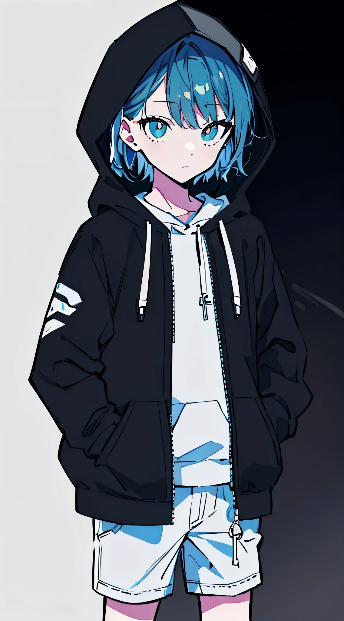 (masterpiece, highest quality:1.6), alone, thick outline, (simple background, Black background, monochrome, light black theme:1.2), official art, Key Visual, 8K, disorganized, whole body, (unique hair, oversized hoodie, hot pants, wearing a hood, arch back, short torso:1.2), belly button, thighs, cowboy shot, HDR, sharp focus, High resolution, most detailed, very detailed, Super detailed, finely, detailed eyes and face, sharp pupils, realistic student, solo, black contrast, solo, hands in pockets