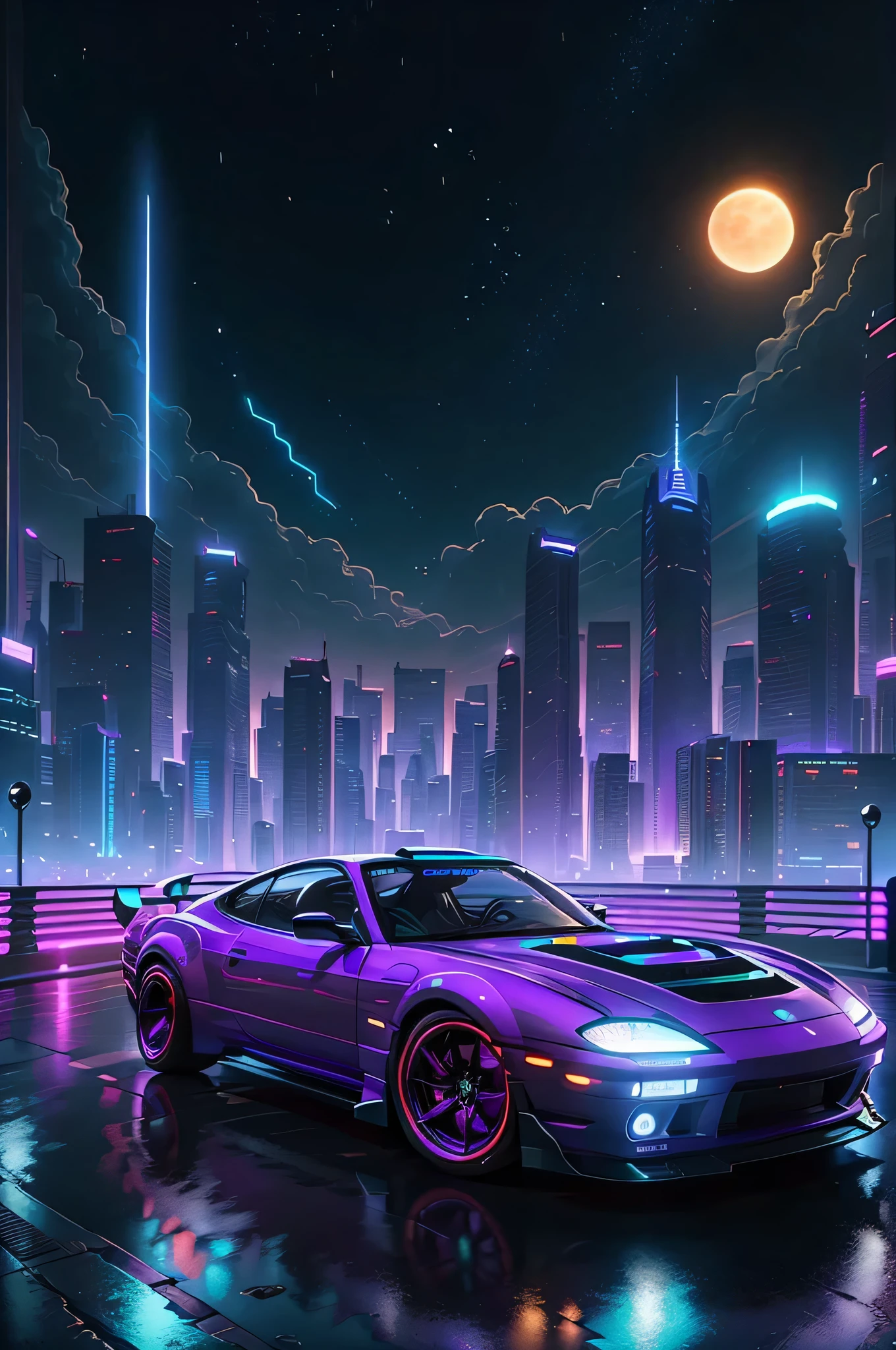 planet background，City,sports car, wide body kit,front， road, purple neon light, sun,, (masterpiece, detailed, high resolution), screen resolution 1366 x 768，cyberpunk，