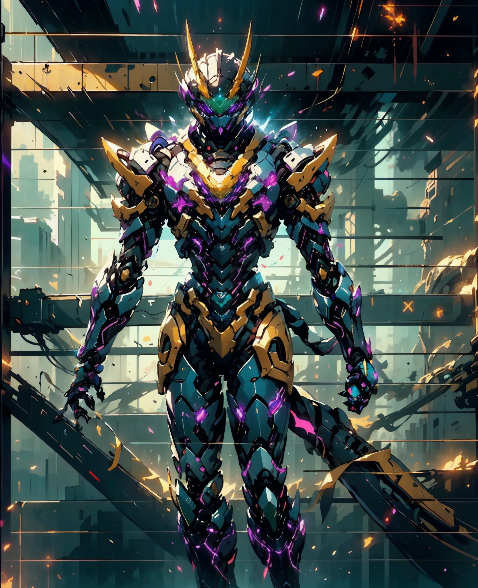 A woman adorned in fantasy-style full-body armor, a crown-concept fully enclosed helmet that unveils only her eyes, a composite layered chest plate, fully encompassing shoulder and hand guards, a lightweight waist armor, form-fitting shin guards, the overall design is heavy-duty yet flexible, (the armor gleams with a golden glow, complemented by red and blue accents), exhibiting a noble aura, she floats above a fantasy-surreal high-tech city, this character embodies a finely crafted fantasy-surreal style armored hero in anime style, exquisite and mature manga art style, (Queen Bee Concept Armor, plasma, blood), ((Element, bio mecha, long legs, elegant, goddess, femminine:1.5)), metallic, high definition, best quality, highres, ultra-detailed, ultra-fine painting, extremely delicate, professional, anatomically correct, symmetrical face, extremely detailed eyes and face, high quality eyes, creativity, RAW photo, UHD, 32k, Natural light, cinematic lighting, masterpiece-anatomy-perfect, masterpiece:1.5