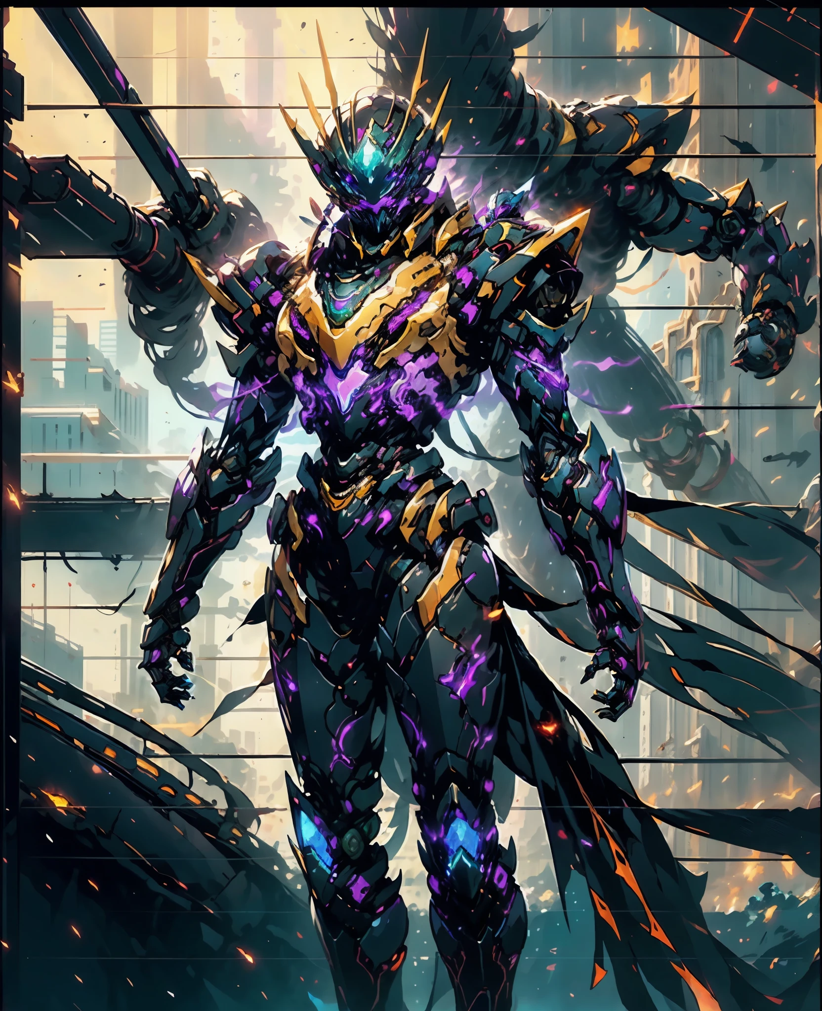 A woman adorned in fantasy-style full-body armor, a crown-concept fully enclosed helmet that unveils only her eyes, a composite layered chest plate, fully encompassing shoulder and hand guards, a lightweight waist armor, form-fitting shin guards, the overall design is heavy-duty yet flexible, (the armor gleams with a golden glow, complemented by red and blue accents), exhibiting a noble aura, she floats above a fantasy-surreal high-tech city, this character embodies a finely crafted fantasy-surreal style armored hero in anime style, exquisite and mature manga art style, (Queen Bee Concept Armor, plasma, blood), ((Element, bio mecha, long legs, elegant, goddess, femminine:1.5)), metallic, high definition, best quality, highres, ultra-detailed, ultra-fine painting, extremely delicate, professional, anatomically correct, symmetrical face, extremely detailed eyes and face, high quality eyes, creativity, RAW photo, UHD, 32k, Natural light, cinematic lighting, masterpiece-anatomy-perfect, masterpiece:1.5