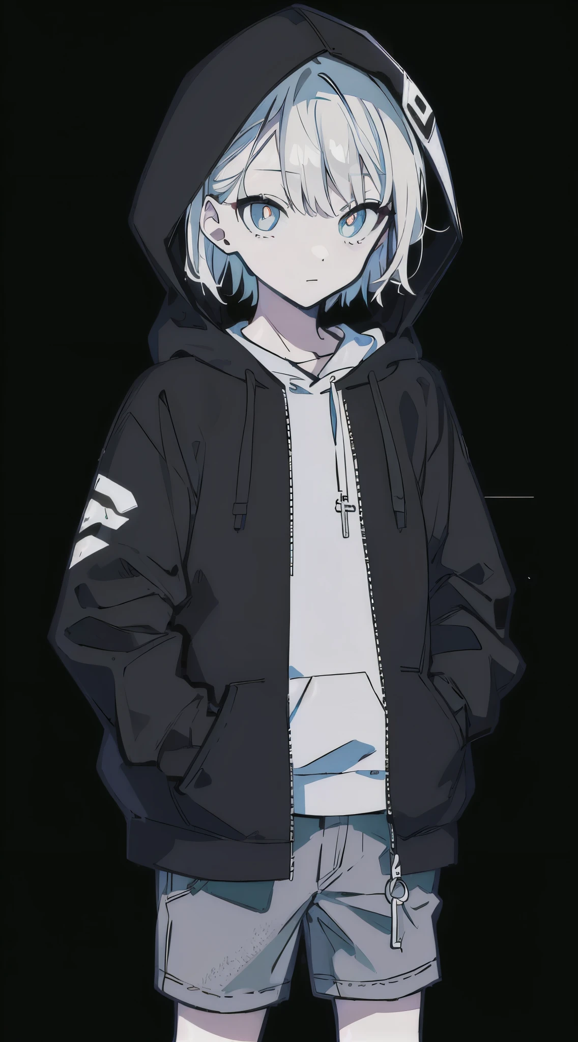 (masterpiece, highest quality:1.6), alone, thick outline, (simple background, Black background, monochrome, black theme:1.2), official art, Key Visual, 8K, disorganized, whole body, (unique hair, pale hair, oversized hoodie, hot pants, wearing a hood, arch back, short torso:1.2), belly button, thighs, cowboy shot, HDR, sharp focus, High resolution, most detailed, very detailed, Super detailed, finely, detailed eyes and face, sharp pupils, realistic student, solo, black contrast, solo, hands in pockets