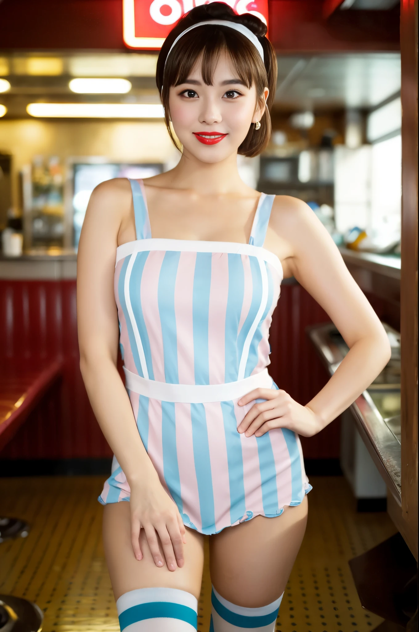 (((fifties style striped pattern waitress costume))),(((idol pose))),(((bare inner thigh))),(((Show cleavage))),(((pastel colored socks pumps))),ulzzang-6500-v1.1, (Raw photo:1.2), (Photo realistic:1.4), a beautiful detailed girl, extremely detailed eye and face, beautiful detailed eyes, ultra-detailed, High resolution, top-quality, masterpiece, highly detailed, 8k wallpaper, Wonderful, finely detail, top-quality, (retro pop diner), Beautiful eyes, smile, Opening Mouth