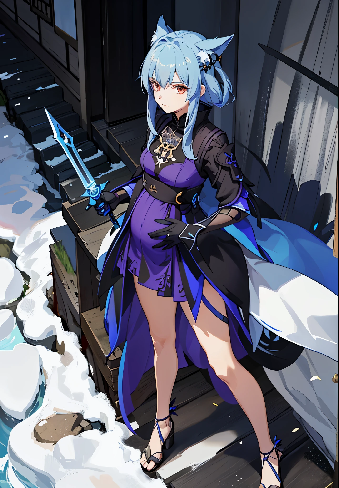 a woman in a dress holding a dagger and a dagger, video game character, from arknights, fox nobushi holding a dagger, hajime yatate, keqing from genshin impact, blue haired deity, with small sword, ayaka genshin impact, female action anime girl, official character art, anime character, pregnant anime girl, fetus