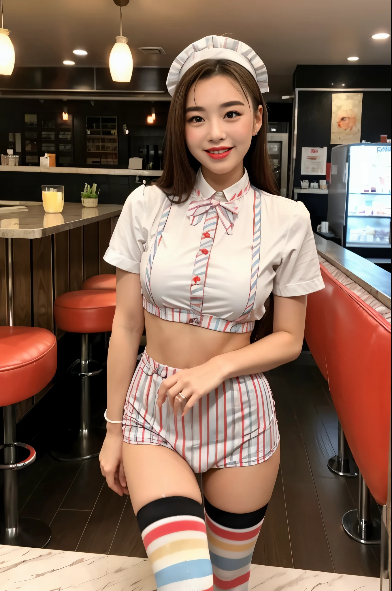 (((fifties style striped pattern waitress costume))),(((idol pose))),(((bare inner thigh)))),(((pastel colored socks pumps))),ulzzang-6500-v1.1, (Raw photo:1.2), (Photo realistic:1.4), a beautiful detailed girl, extremely detailed eye and face, beautiful detailed eyes, ultra-detailed, High resolution, top-quality, masterpiece, highly detailed, 8k wallpaper, Wonderful, finely detail, top-quality, (retro pop diner), Beautiful eyes, smile, Opening Mouth