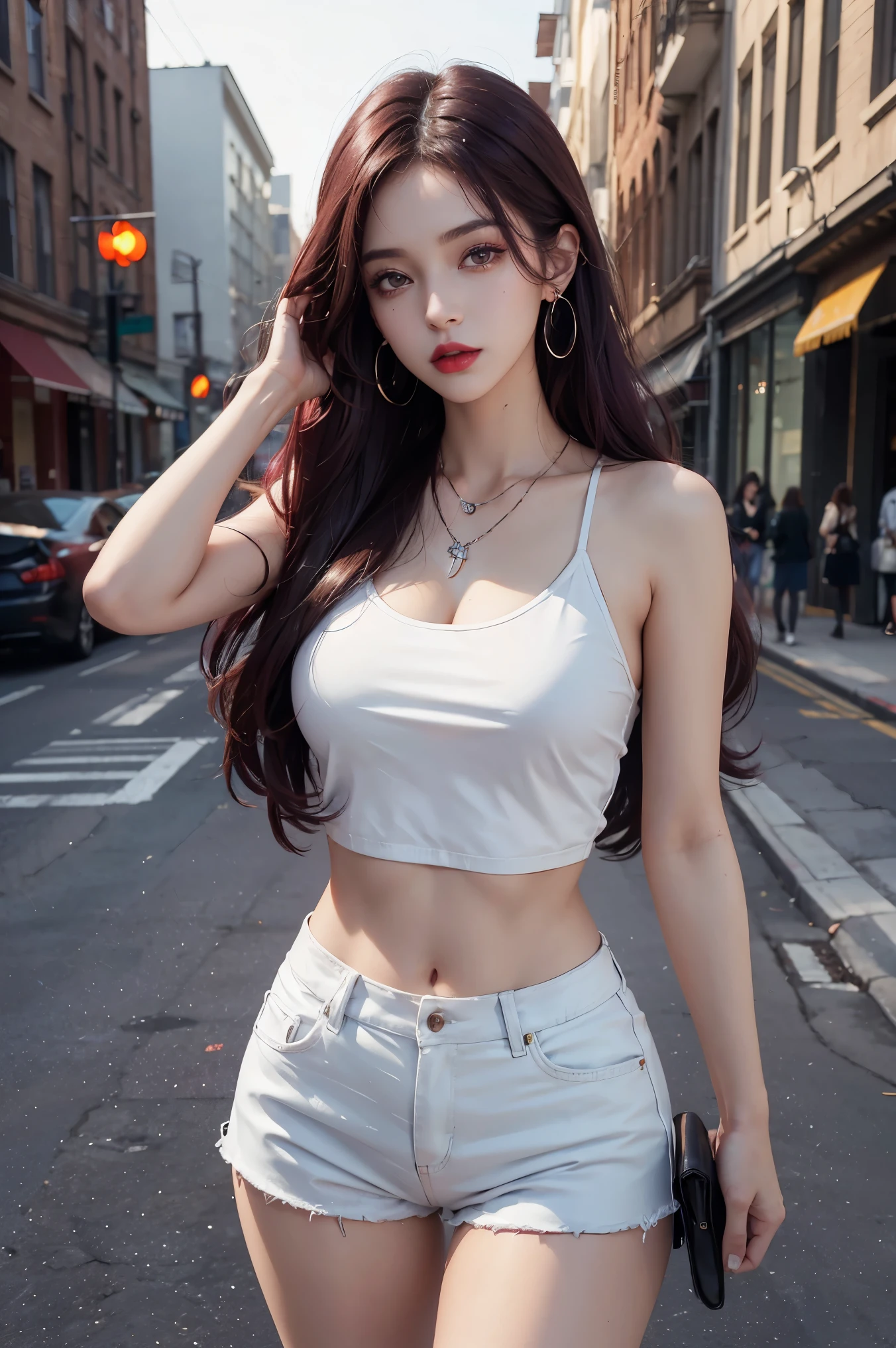 Urban beautiful girl college student, masterpiece, light makeup, red lips, dark purple hair, messy long hair, street background, beautiful, elegant. Ultra-fine details, master works, real texture, cinematic lighting realism, perfect work, 8k, HD, exquisite facial features, white tight open-cut top, transparent white tight shorts, slim figure, bright big eyes, smooth skin, earrings, necklace, tattoos