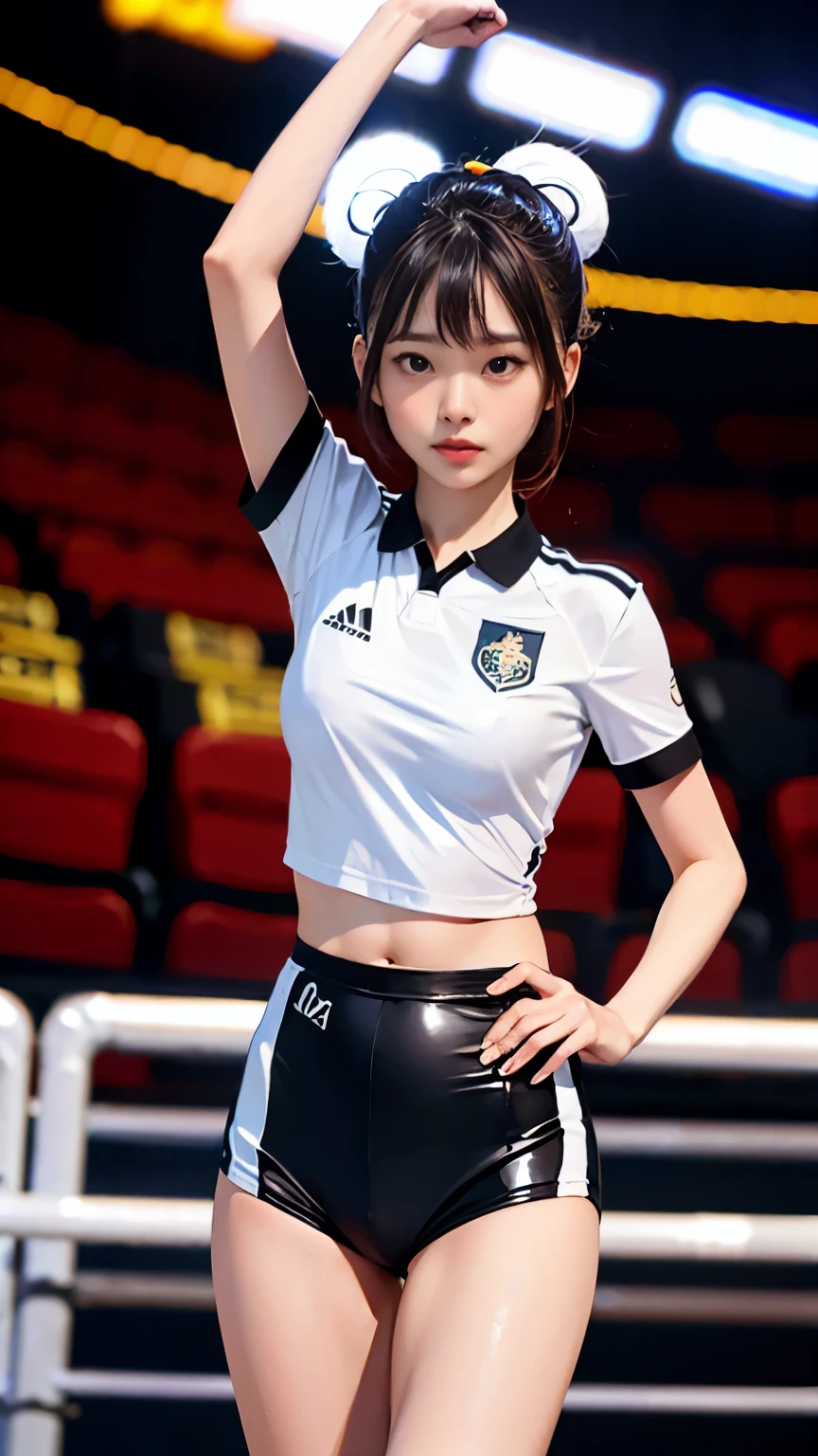 Asian woman in arafe in white shirt and black shorts poses for photo, smooth white tight clothing suit, professional sports style, korean idol, wearing school soccer uniform, korean girl, esports style, Photographed with Canon EOS R6, league of legends senna, wearing a white leotard, wearing a volleyball jersey, portrait of female korean idol