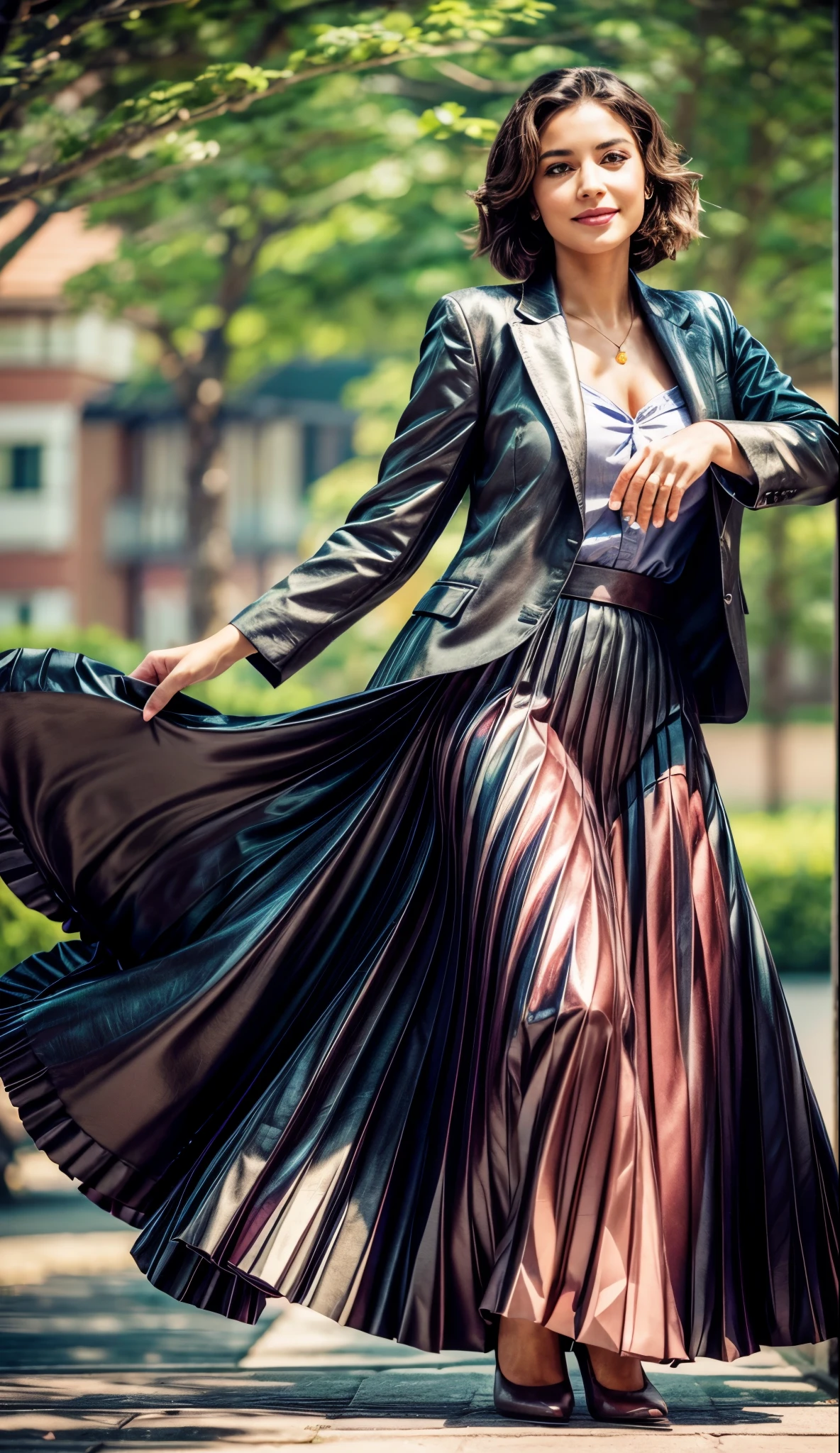 A smiling, authentic, (shy:1,3), kind, beautiful woman, is passionately in love with her skirt, while wind lifts her skirt, wearing short blazer and very very detailed (long (fully pleated) full circle skirt) and (low heeled court shoes), very very intricate hyper-detailed symmetric (attractive graceful young feminine face) with (sad, tired eyes and a loving smile), large breasts, full of empathy and compassion and love, (pronounced (feminine) features), (highly detailed ultra accurate realistic) hands and fingers, (windy), epic composition, highly detailed attributes, (35mm f1.4 Kodak portra 400 photograph), extremely high quality RAW photograph, highly detailed atmosphere, sci-fi, cinematic shot, dynamic lighting, 75mm, Technicolor, Panavision, cinemascope, sharp focus, fine details, 8k, HDR, realism, realistic, key visual, film still, superb cinematic color grading, depth of field