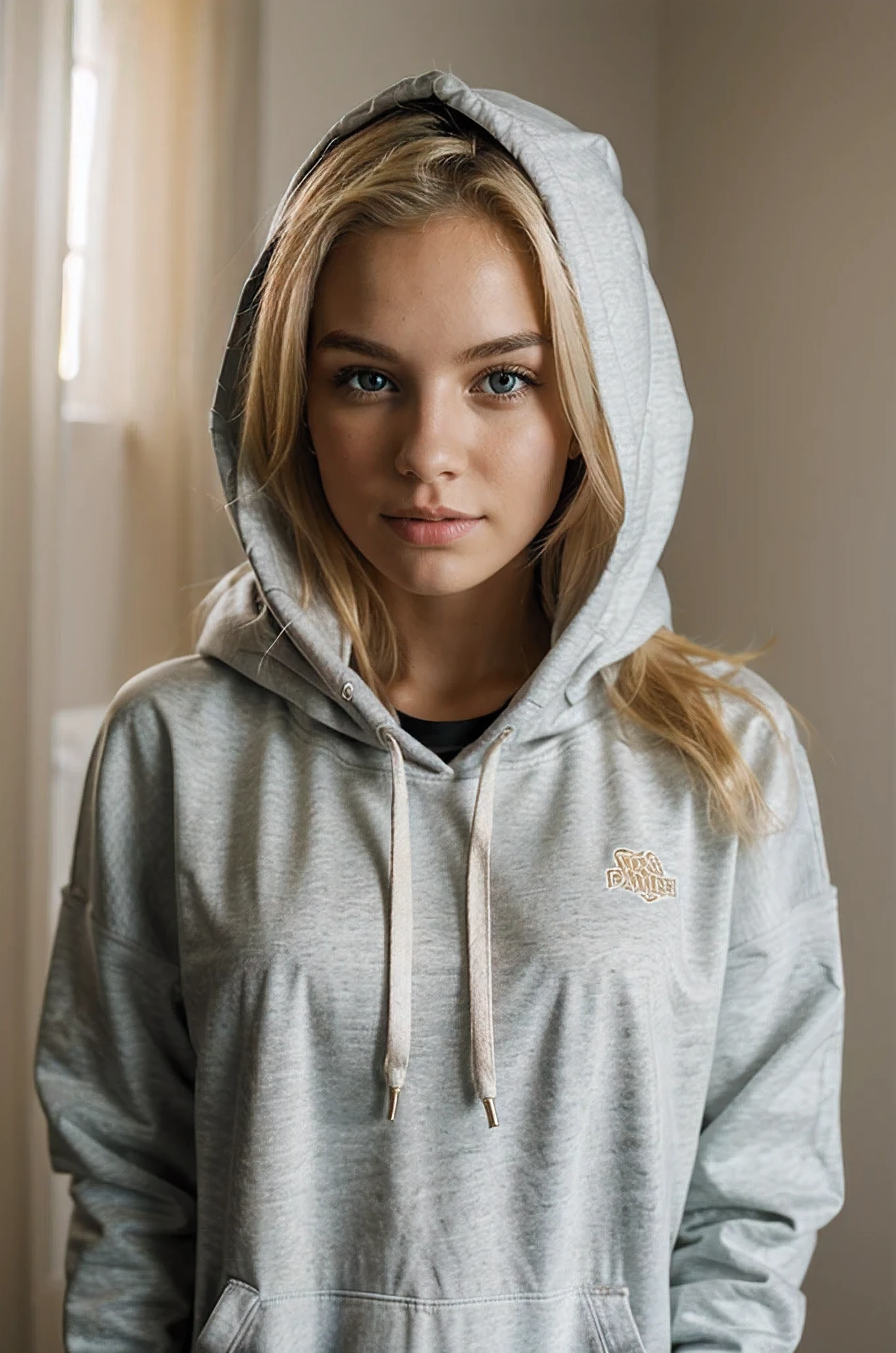 A close up of a woman in a hoodie standing in a room - SeaArt AI