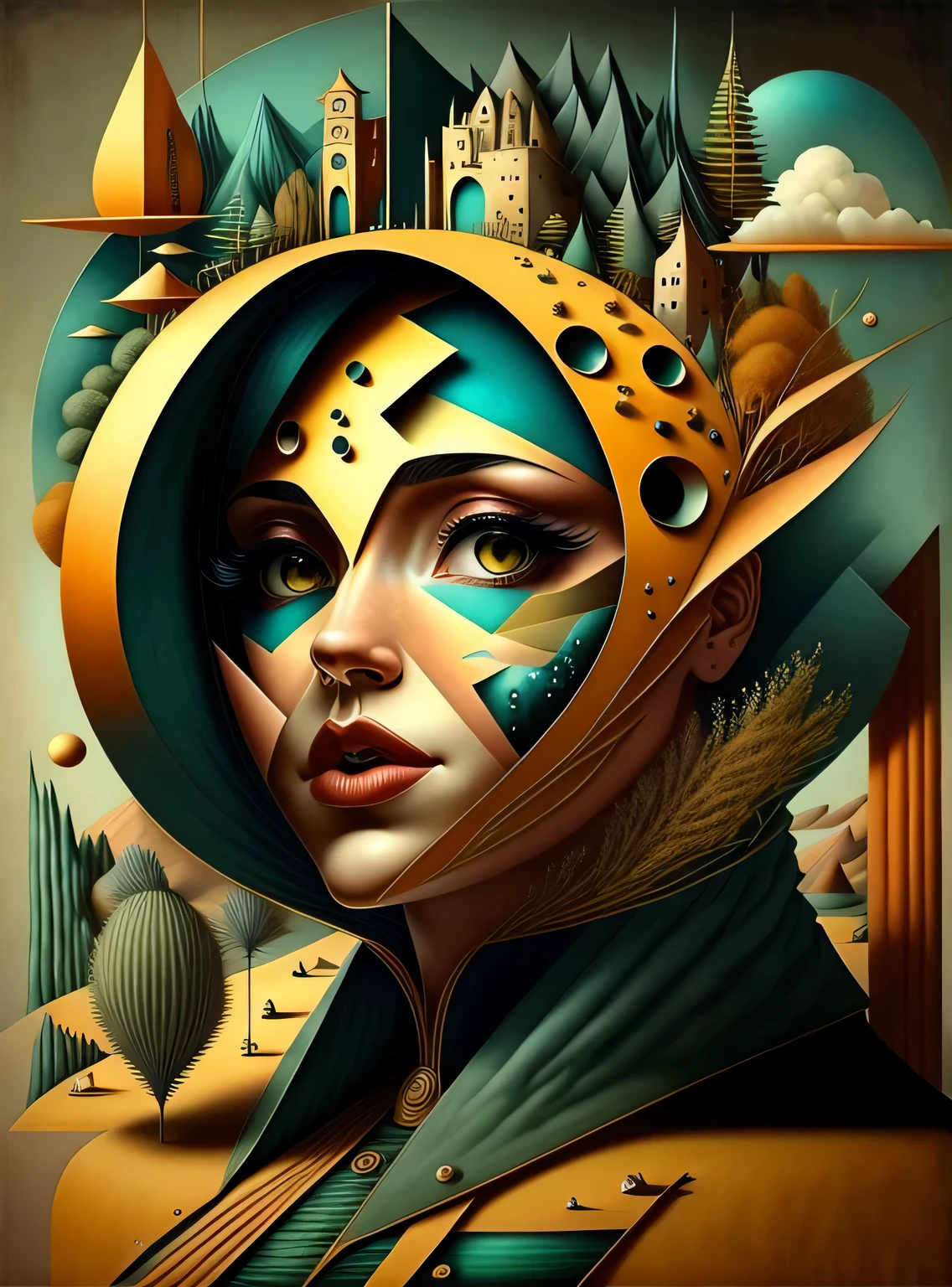Crie uma pintura que combine os estilos do surrealismo, Modernismo, cubismo, and art deco, with influences of constructivism and minimalism. The painting must be a representation of the artist's interpretation of the world., using a combination of abstract and figurative elements. The painting should be a reflection of the artist's unique perspective, and should convey a sense of mystery, Maravilhoso, e intriga