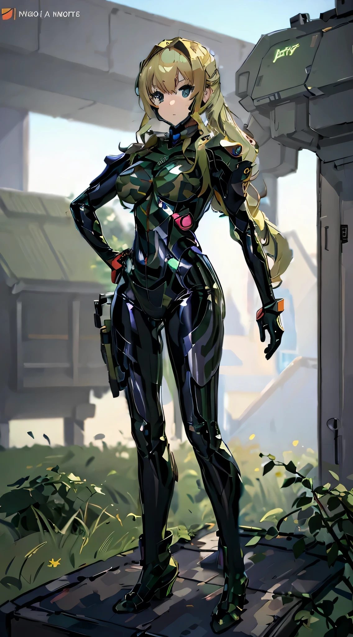 ((8k)), (side), masterpiece, anime, realistic, anime, (military), (full_body), (1girl), (Mia_Karnstein), blonde_hair, green_eyes, medium_breasts, (fortified_suit), bodysuit, ((camouflage)), electronic, neon, high_heels