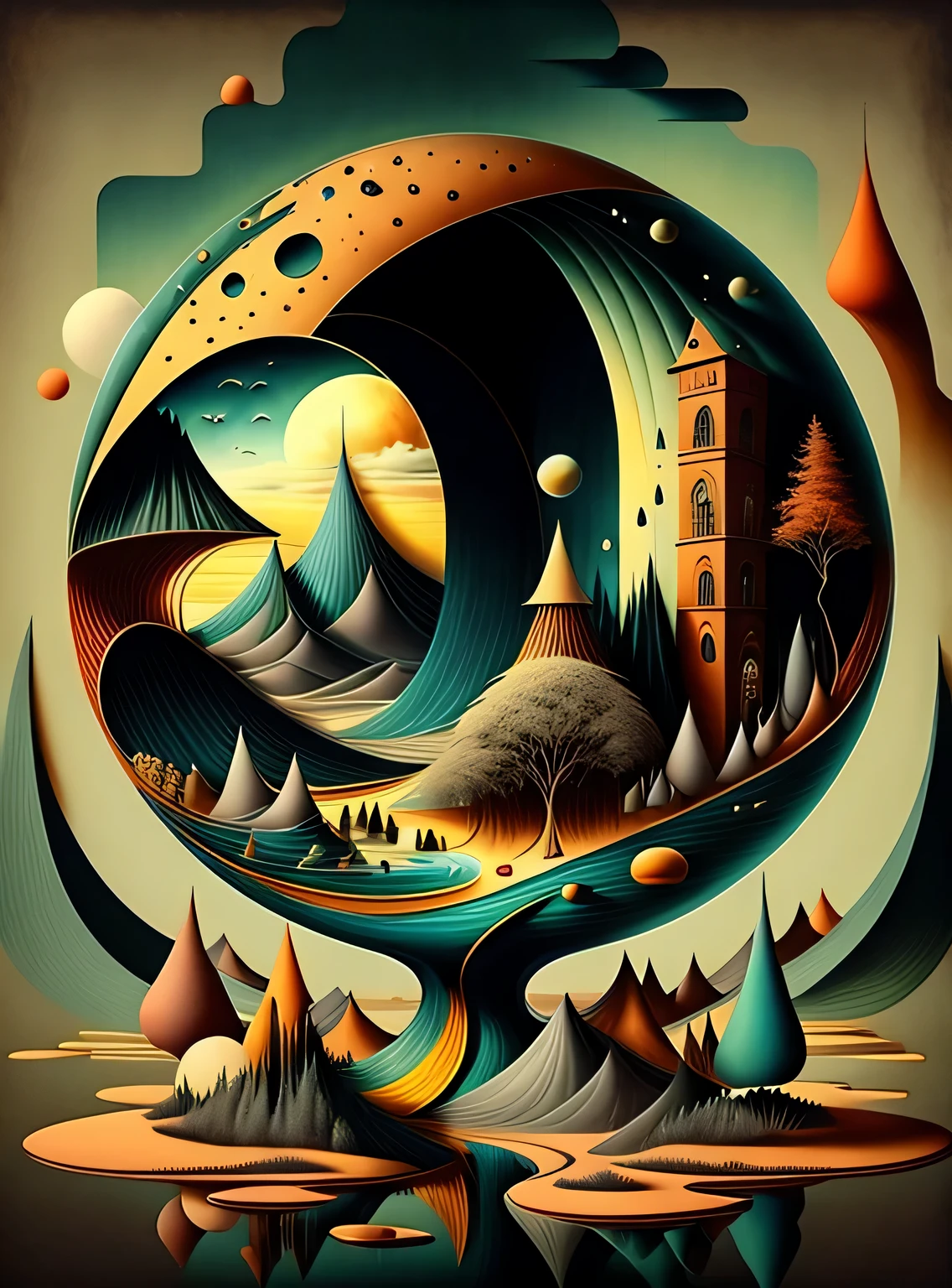 Crie uma pintura que combine os estilos do surrealismo, Modernismo, cubismo, and art deco, with influences of constructivism and minimalism. The painting must be a representation of the artist&#39;s interpretation of the world., using a combination of abstract and figurative elements. The painting should be a reflection of the artist's unique perspective, and should convey a sense of mystery, Maravilhoso, e intriga