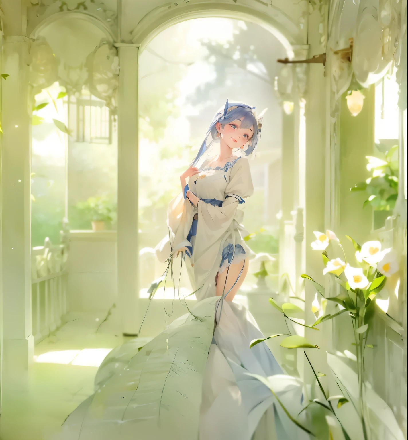 masterpiece, best quality, Super detailed, illustration, epic lighting, composition, rich and colorful, sharp:1.3, 1 girl, aboutm_\(about:zero\), medium baboutasts, blue hair, short hair, (hair over one eye:1.3), Eye_visible_pass_hair, blue Eye, rosy swallow_building_maid_, apron, white stockings, garters, permanent, indoor, building, summer, garden, flowers, taboutes, Grass, bush, Sunlight, (extaboutmely detailed CG:1.2), (8k:1.1),