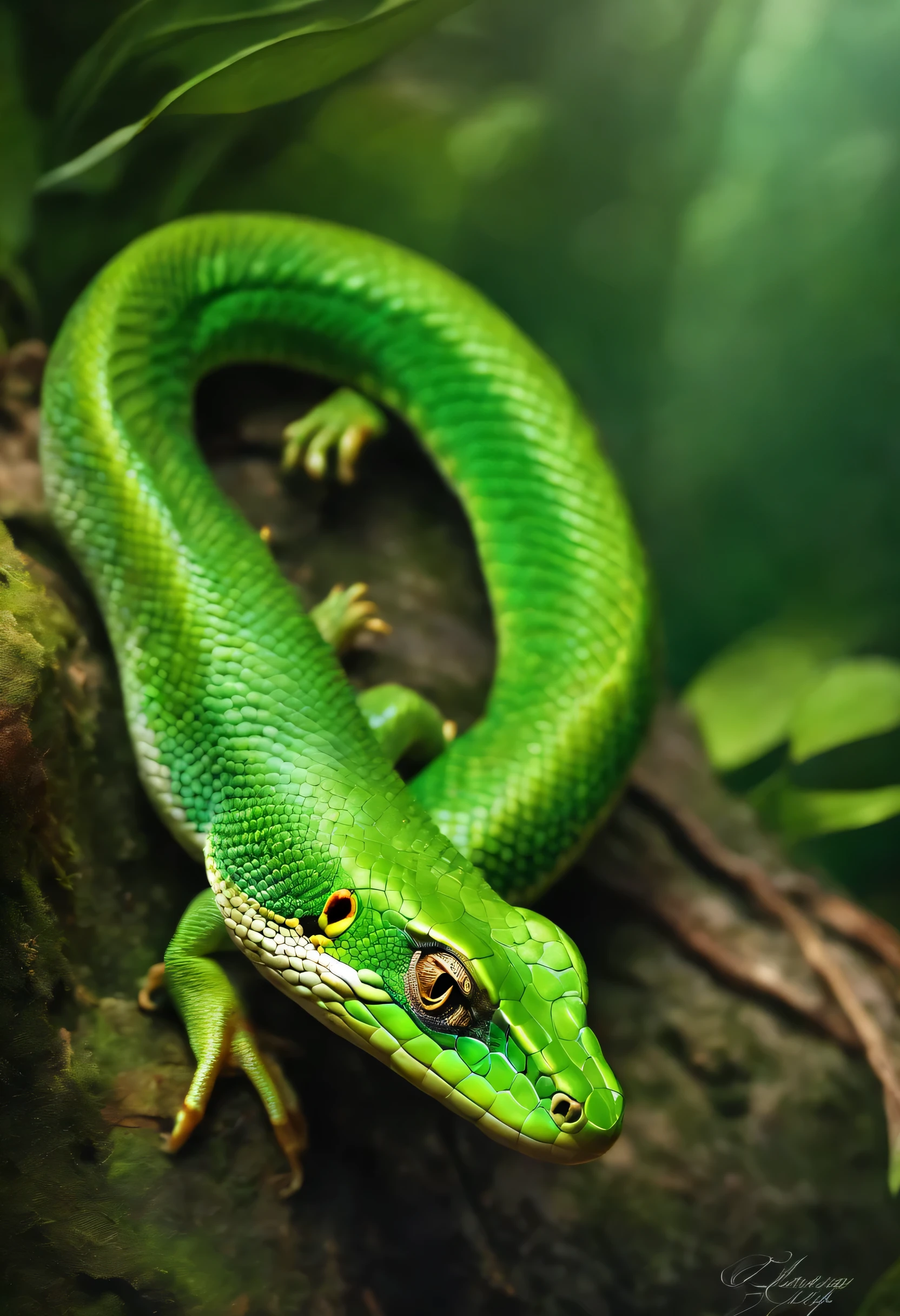 (melhor qualidade,ultra-detalhado,realista:1.37),lagarto verde parecido com uma cobra com pernas, verde vibrante, corpo escamoso colorido, cobra assustadora e deslumbrante, olhos detalhados, movimento deslizante, em um exuberante jardim, com a luz do sol filtrando pelas folhas, Artistic oil painting, atmosfera surreal, with a touch of mystery