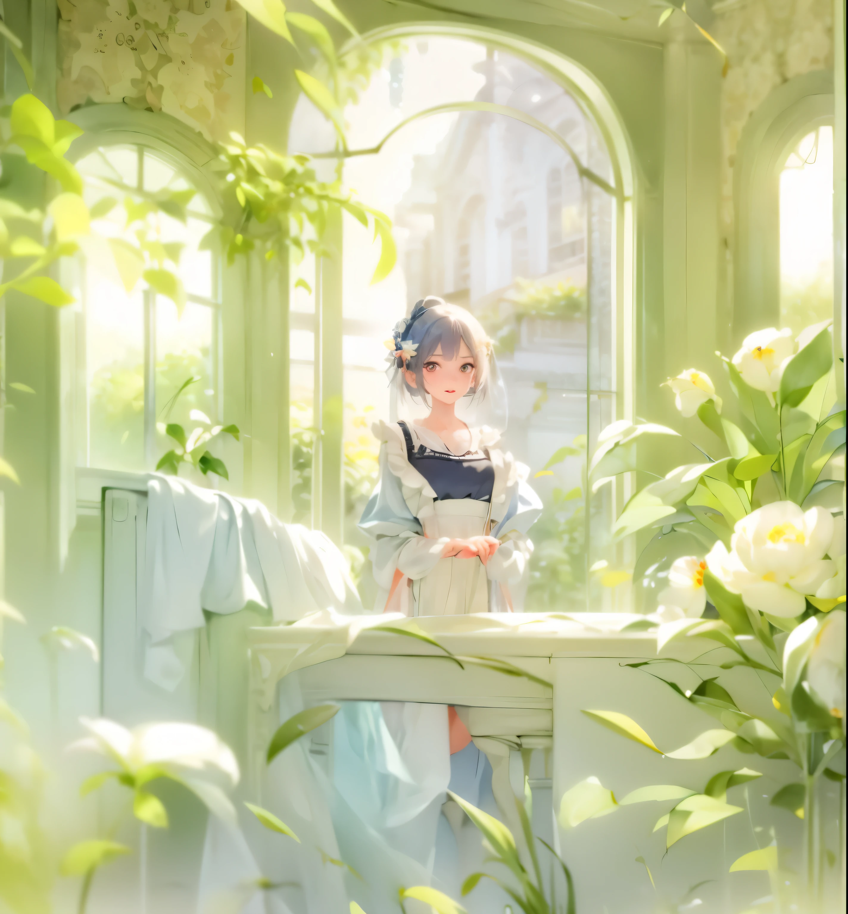 masterpiece, best quality, super detailed, illustration, epic lighting, work, colorful, sharp:1.3, 1 girl, aboutm_\(about:zero\), medium baboutasts, blue hair, short hair, (hair over one eye:1.3), Eye_visible_go through_hair, blue Eye, rosy swallow_architecture_maid_, apron, white stockings, garters, Everlasting, indoor, architecture, summer, garden, flowers, taboutes, Grass, bushing, Sunlight, (extaboutmely detailed CG:1.2), (8k:1.1),