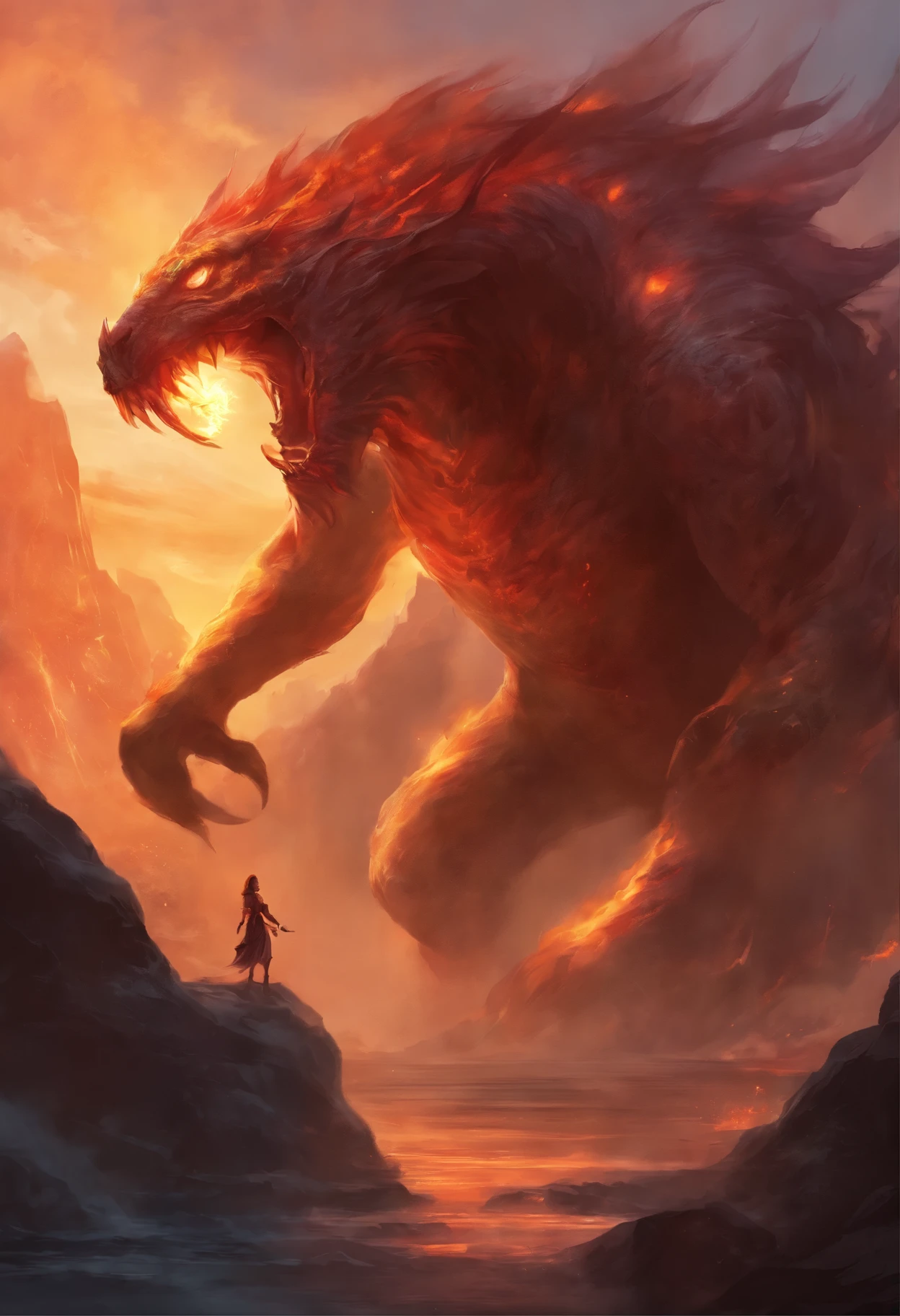 fire monster wanna eat us, intimidating, terror, triller, monster with long tail fire, no mercy, scary, big, 