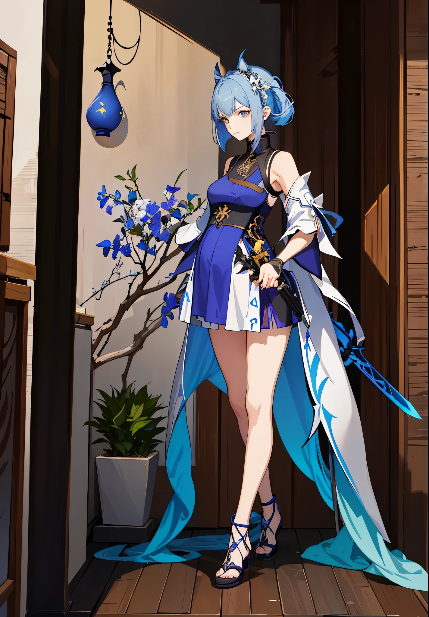 a woman in a dress holding a dagger and a dagger, video game character, from arknights, fox nobushi holding a dagger, hajime yatate, keqing from genshin impact, blue haired deity, with small sword, ayaka genshin impact, female action anime girl, official character art, anime character, pregnant anime girl, fetus