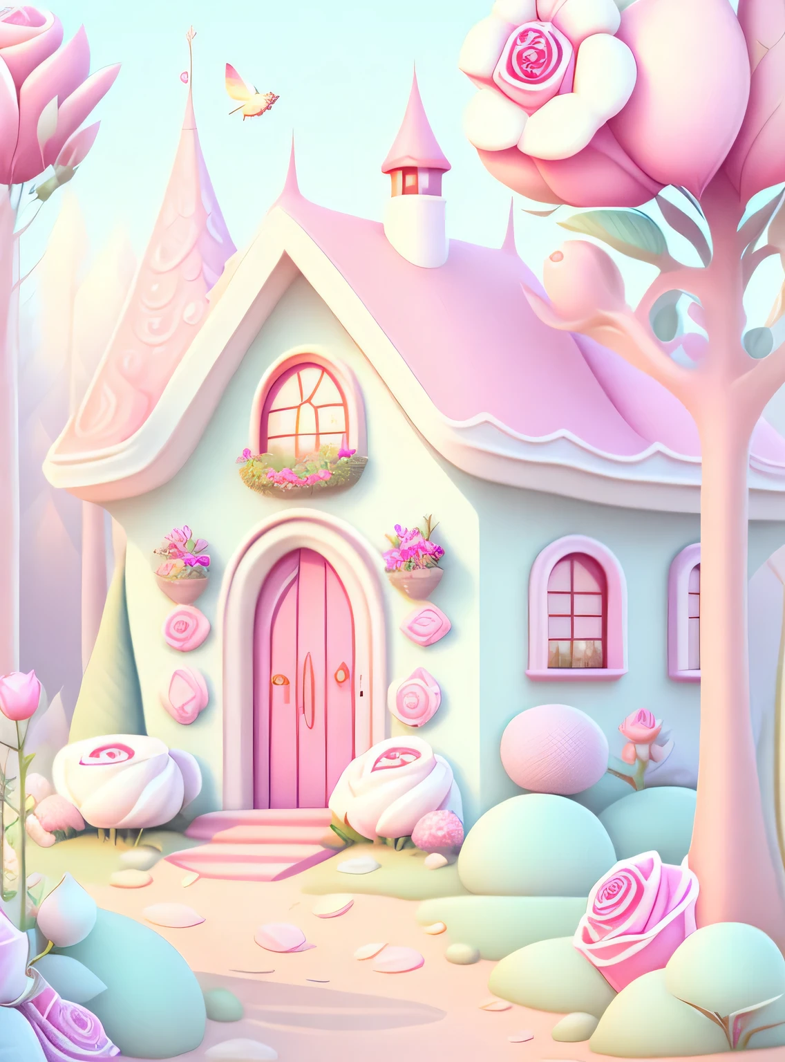 Casa em estilo pastel cartoon, rosas e rubis, Magical Elements, jogo para celular, floresta e plantas, ethereal, a touch of Magical Elements, contornos de animais.