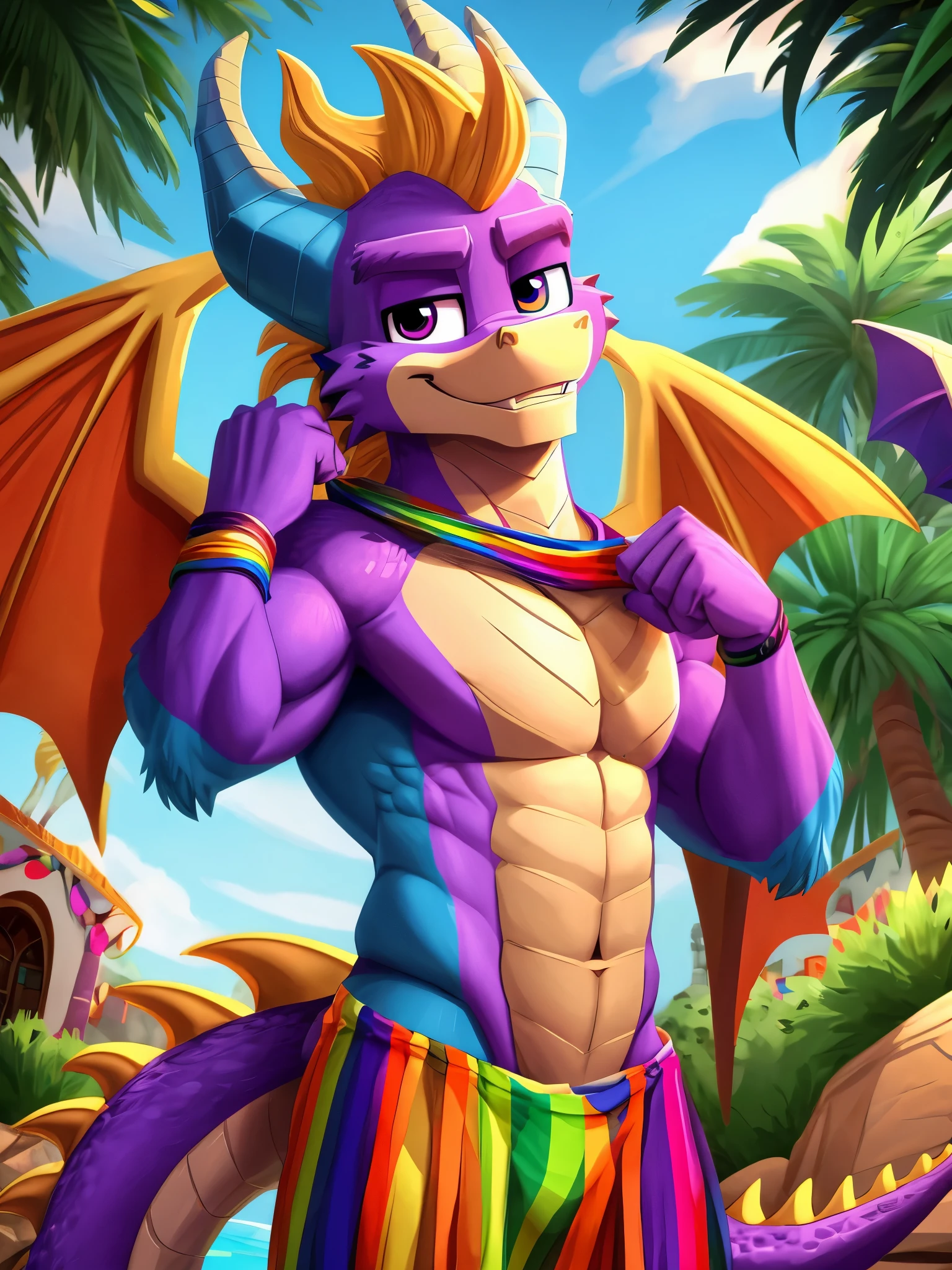 spyro gay , spyro drache , toony , 8k , 4k , Meisterwerk , Much details , Colourful Cartoon style, beautiful , Ultra Sharp , Furry , Fursona gay , Fur , maskulin , sexy cloth , sexy , yiff , bunte umgebung , have fun , Pride , Rainbow Fur , sexy pose , cute