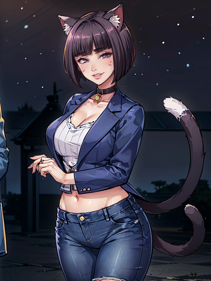 ((((masterpiece, (dark purple eyes), dark pink lipstick)), ((Extremely detailed, ambient soft lighting, 4k, perfect eyes, a perfect face, perfect lighting, a 1girl, animal ears, black thighs, (cat ears, cat's ear cat tail), closed mouth, collarbone, Covered, crop-top, facial mark, ((neck, jacket, mini short, short jeans, mini short jeans)), lips, looking to viewer, 独奏, tail, Curvy hips, Lush, tights in a mesh)), standing on a tower, cityscape in the background with church, (starry night), crescent moon)), ((Itsuki Shima, mature female, (cowboy shot:1.2), short hair, brown hair, bob cut, brown eyes, looking at viewer, perfect body, perfect eyes, anime eyes, eyeshadow, perfect face, (blush, smirking:1.1), sharp focus, professional artwork, intricate details))