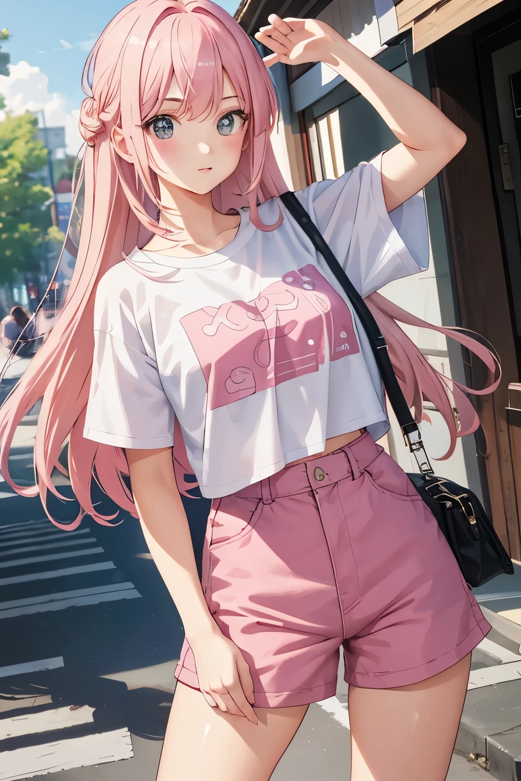 Masterpiece, one girl, solo, pink-haired anime character, wearing a pink T-shirt and shorts, clutches a handbag close, a rosy blush graces her cheeks, her eyes, large and expressive, hold a subtle shine, delicately detailed features, neatly put-together appearance, high resolution rendering, striking color palette, playful expression, captivating scene, realistic, ultra-detailed, 6K.