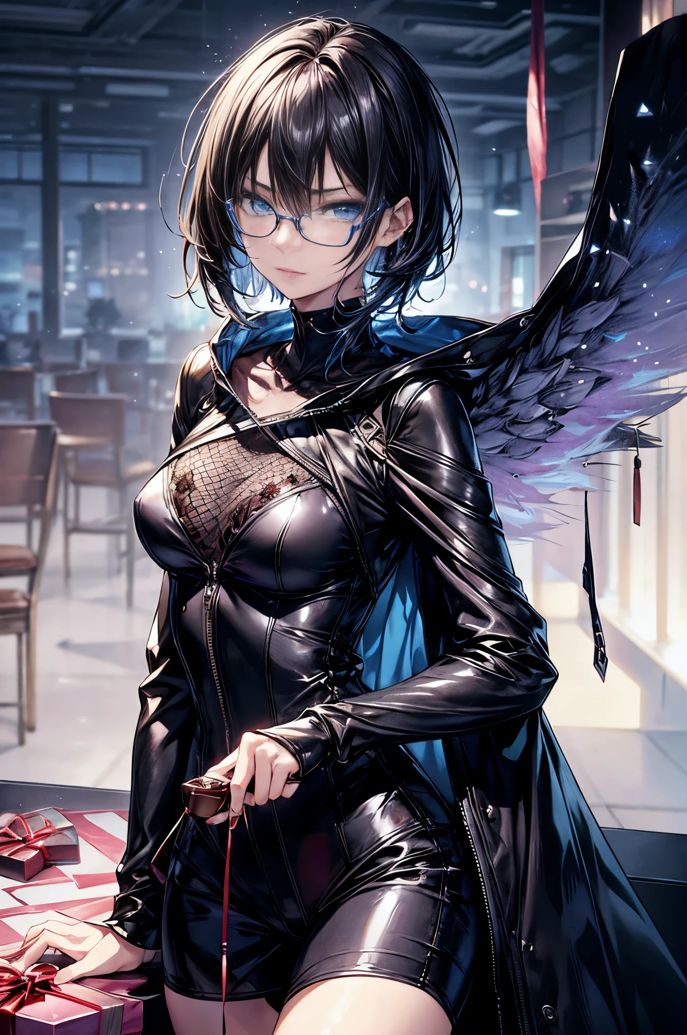 cinematic lighting、highly detailed skin,1 girl, highest quality,cyber punk、midjourney anime style,(dim color, soothing tone:1.3),(Beautiful woman、Detailed beautiful facial features、short black hair、blue eyes、Glasses、slender body:1.3)(holding wrapped valentine chocolate in hand、gift to me:1.5)(Glasses:1.5)break.White thick coat for the winter、purple knit tops、leather style tight pants、BREAK glitter effect、(iron table)(sit on a chair)night、night景がキレイな店内