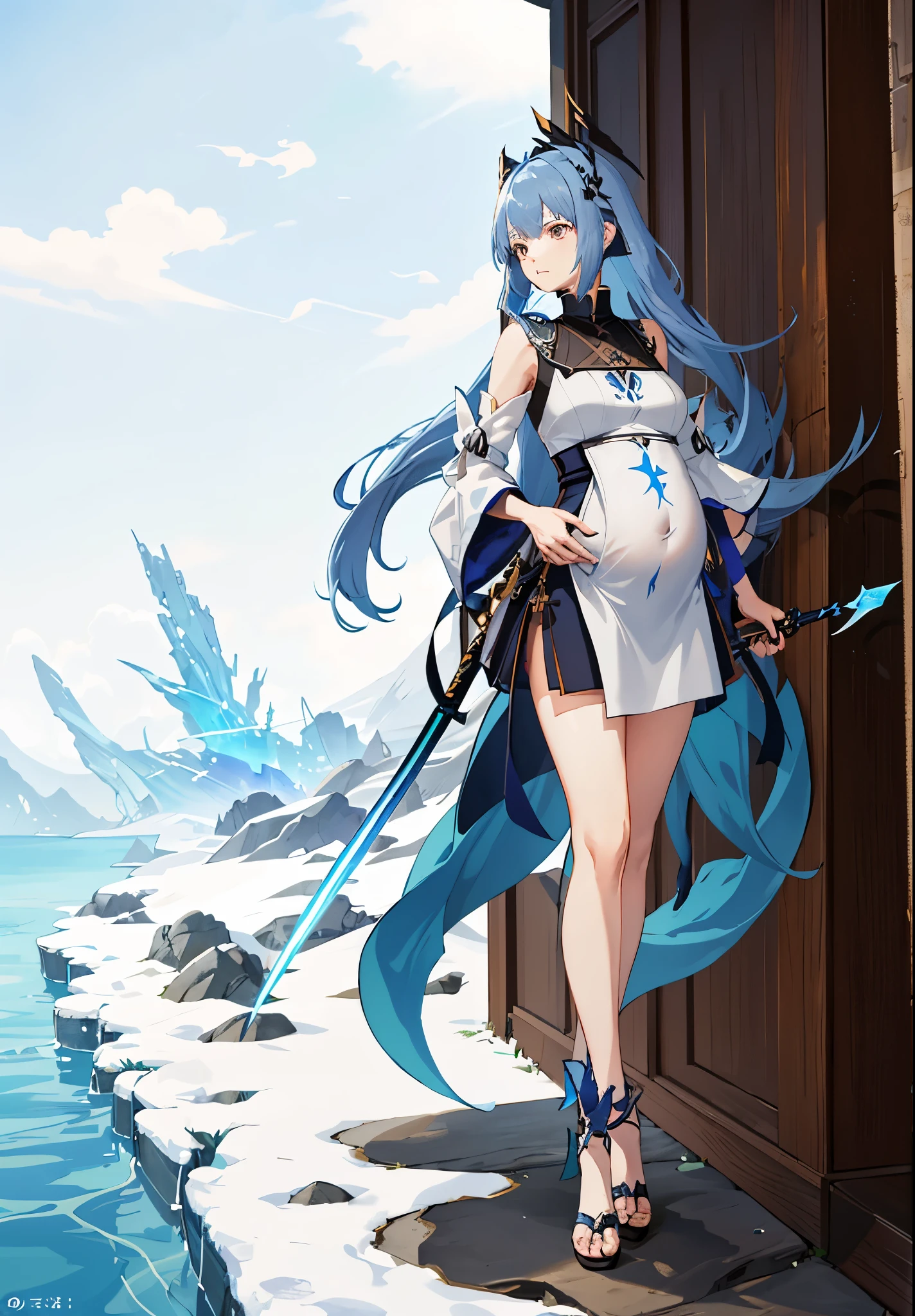 a woman in a dress holding a dagger and a dagger, video game character, from arknights, fox nobushi holding a dagger, hajime yatate, keqing from genshin impact, blue haired deity, with small sword, ayaka genshin impact, female action anime girl, official character art, anime character, pregnant anime girl, fetus