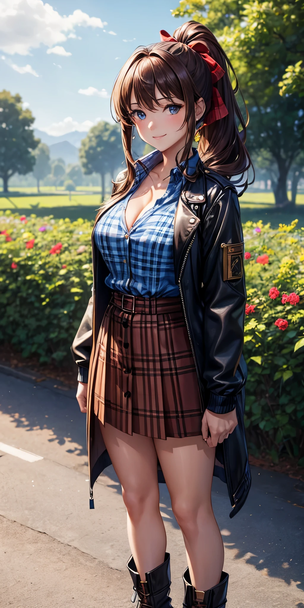 1girl, full body, solo, village, trees, flowers, brown hair, long hair, curly hair, ponytail, large breasts, button down shirt, ((worn out shirt)), blue eyes, ((blue checked shirt)), ((unbuttoned shirt)), cleavage 1:3, ((opened brown zipper jacket)), leather jacket, ((red black skirt)), smile, looking at the viewer, touching neck, standng, hair ribbon, golden necklate 