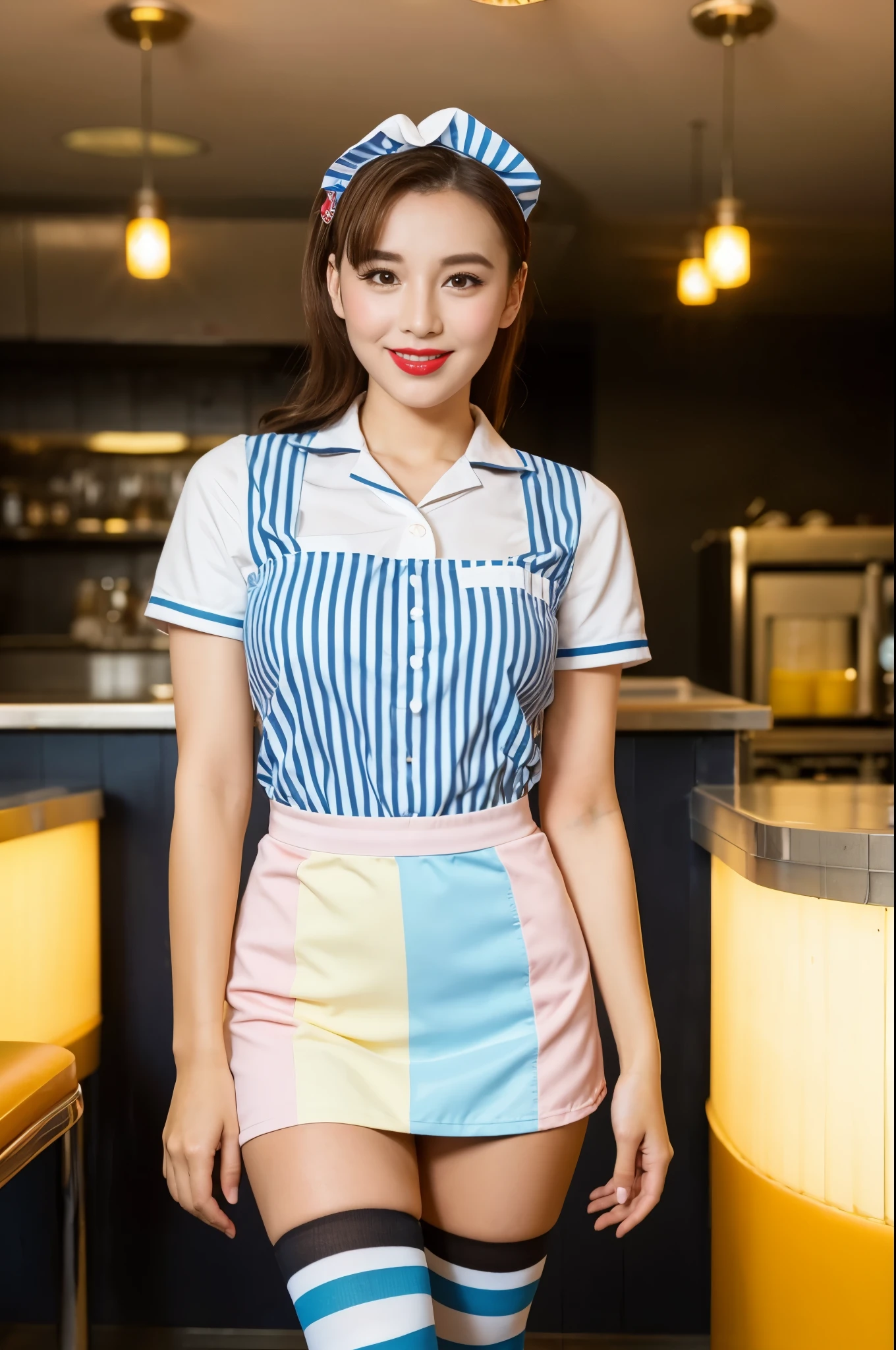 (((fifties style striped pattern waitress costume))),(((idol pose))),(((bare inner thigh)))),(((pastel colored socks pumps))),ulzzang-6500-v1.1, (Raw photo:1.2), (Photo realistic:1.4), a beautiful detailed girl, extremely detailed eye and face, beautiful detailed eyes, ultra-detailed, High resolution, top-quality, ​masterpiece, highly detailed, 8k wallpaper, Wonderful, finely detail, top-quality, (retro pop diner), Beautiful eyes, smile, Opening Mouth
