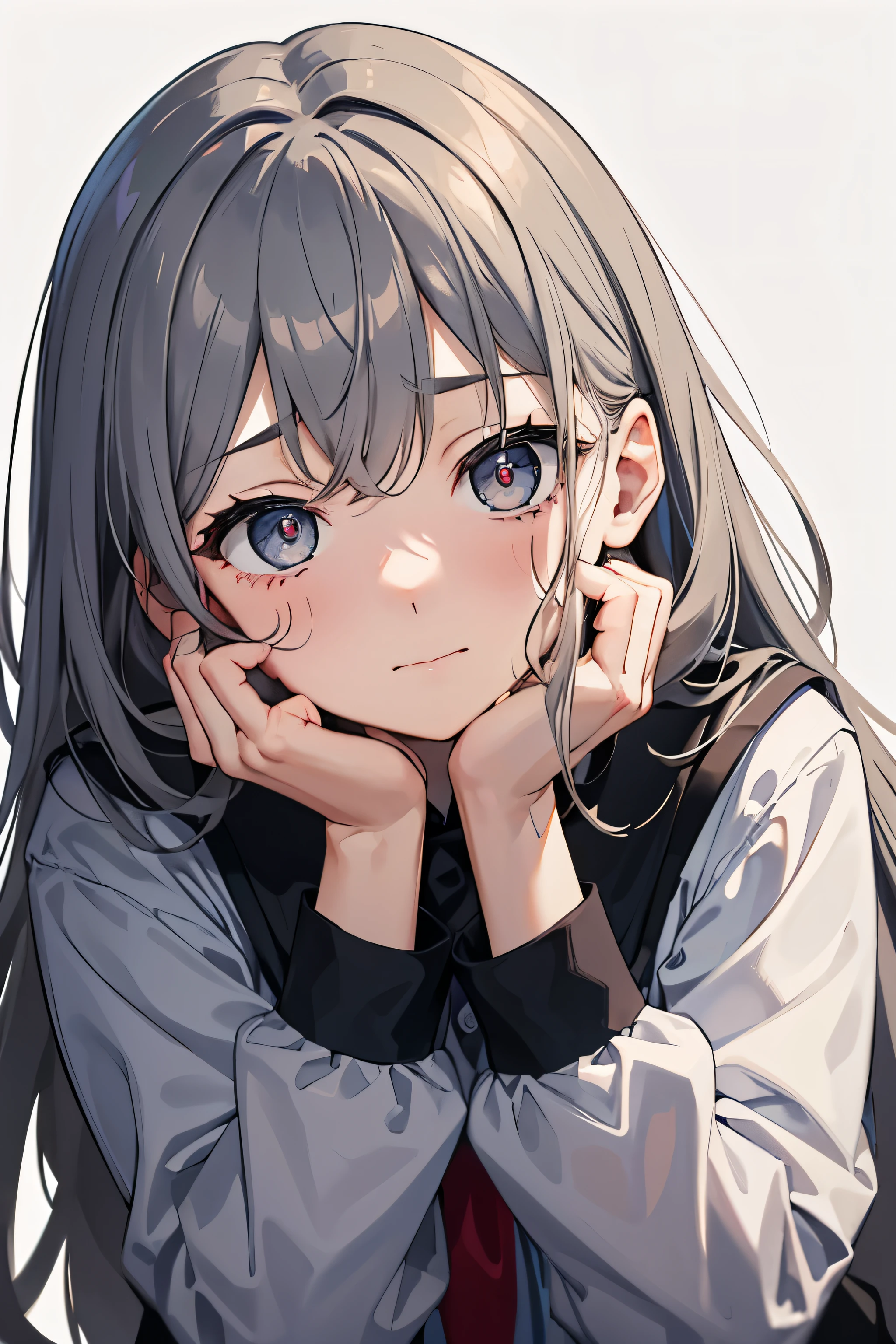 worried face，Hands on the chin，I'm worried，gray hair，long hair，primary school student，droopy eyes，smile，girl，troubled face，9 years old