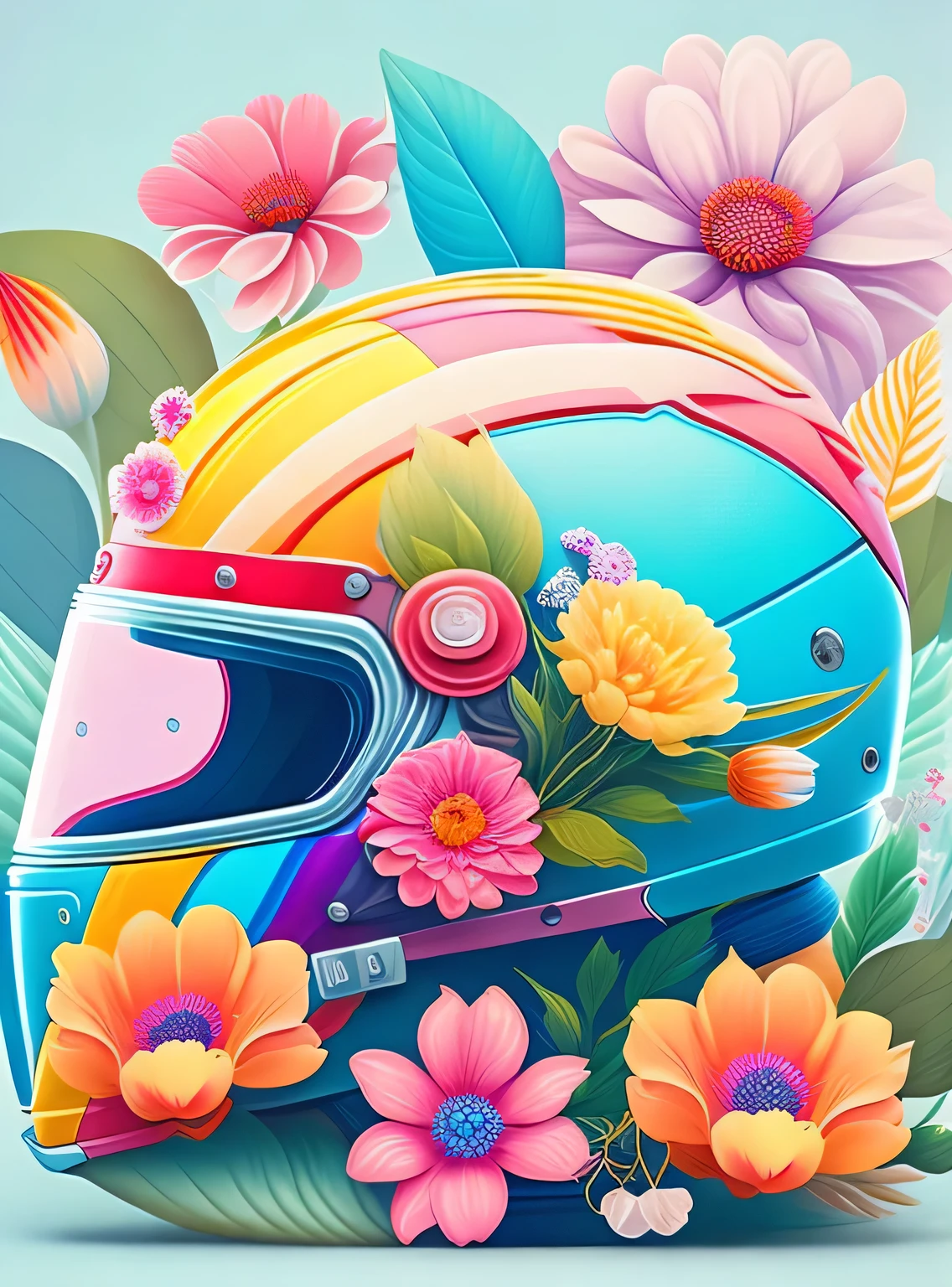 the colorida abstract of motorcycle helm, Flores, fundo de itens de garagem, (colorida,altamente detalhado,arte vetorial), Cores pastel