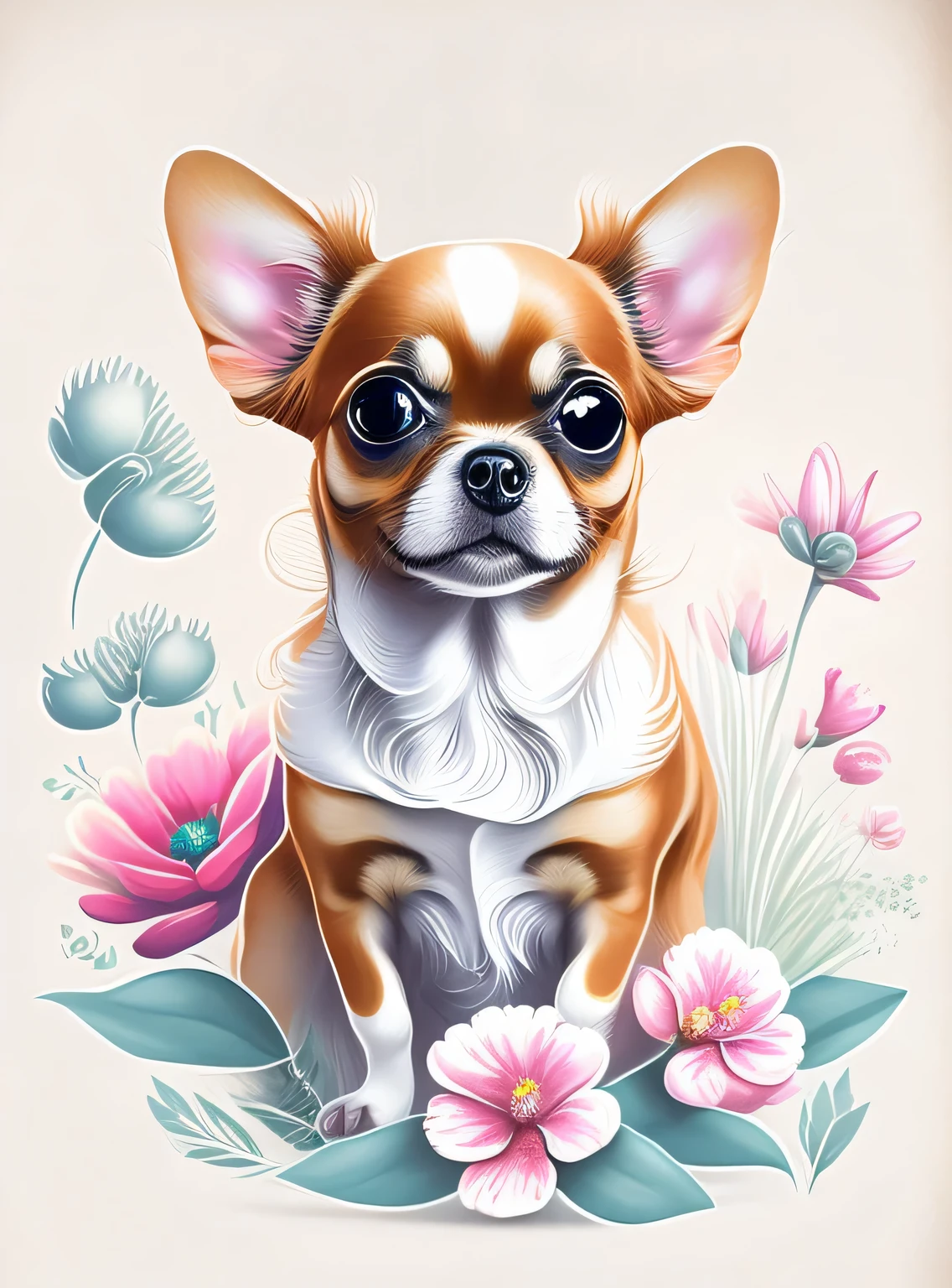 chihuahua, cachorro, Flores, design de camiseta, rzminjornada, arte vetorial, fundo branco